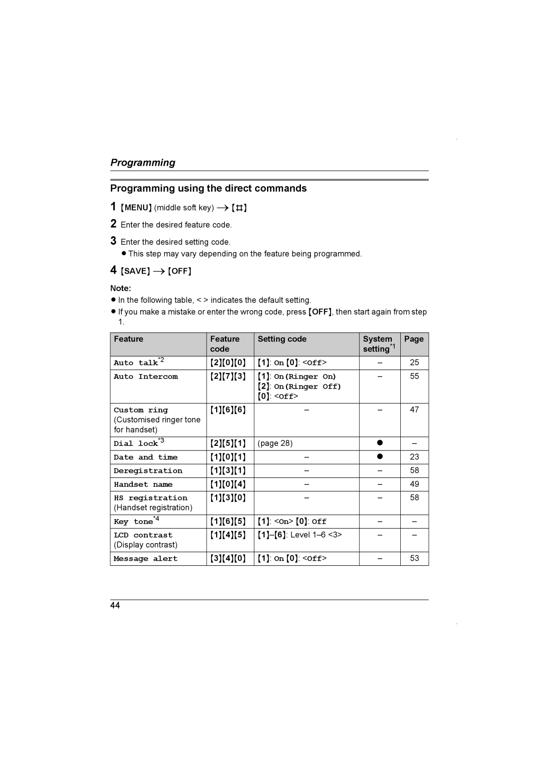 Panasonic KX-TG5961AL Programming using the direct commands 1, Feature Setting code System Code Setting*1 