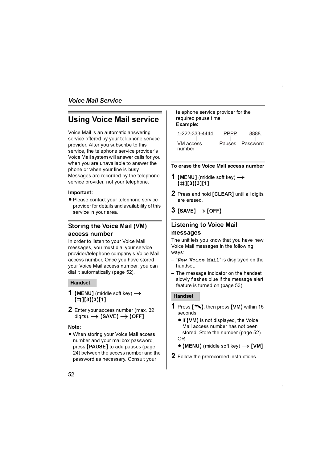 Panasonic KX-TG5961AL Using Voice Mail service, Storing the Voice Mail VM access number, Listening to Voice Mail messages 