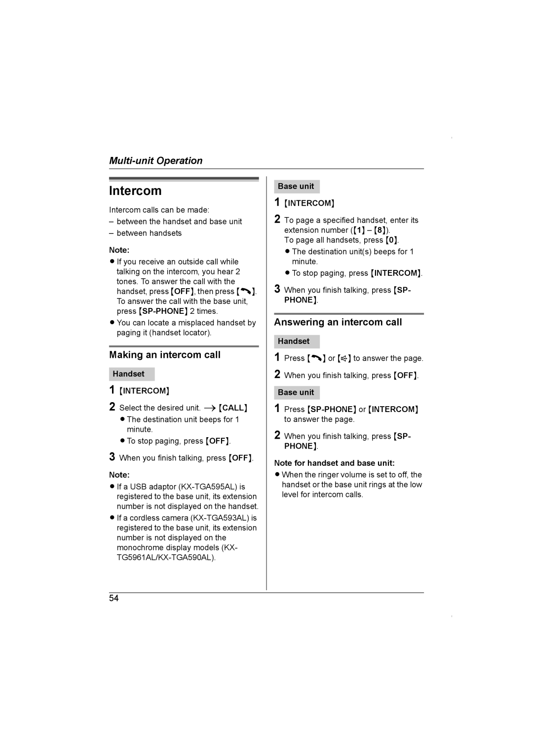 Panasonic KX-TG5961AL operating instructions Intercom, Making an intercom call, Answering an intercom call 