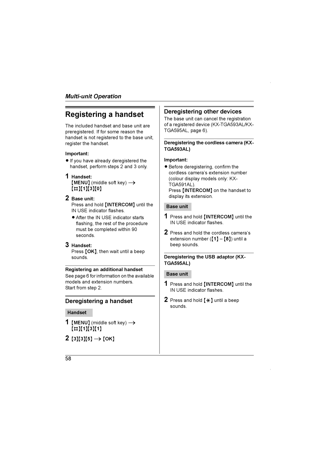 Panasonic KX-TG5961AL operating instructions Registering a handset, Deregistering a handset, Deregistering other devices 