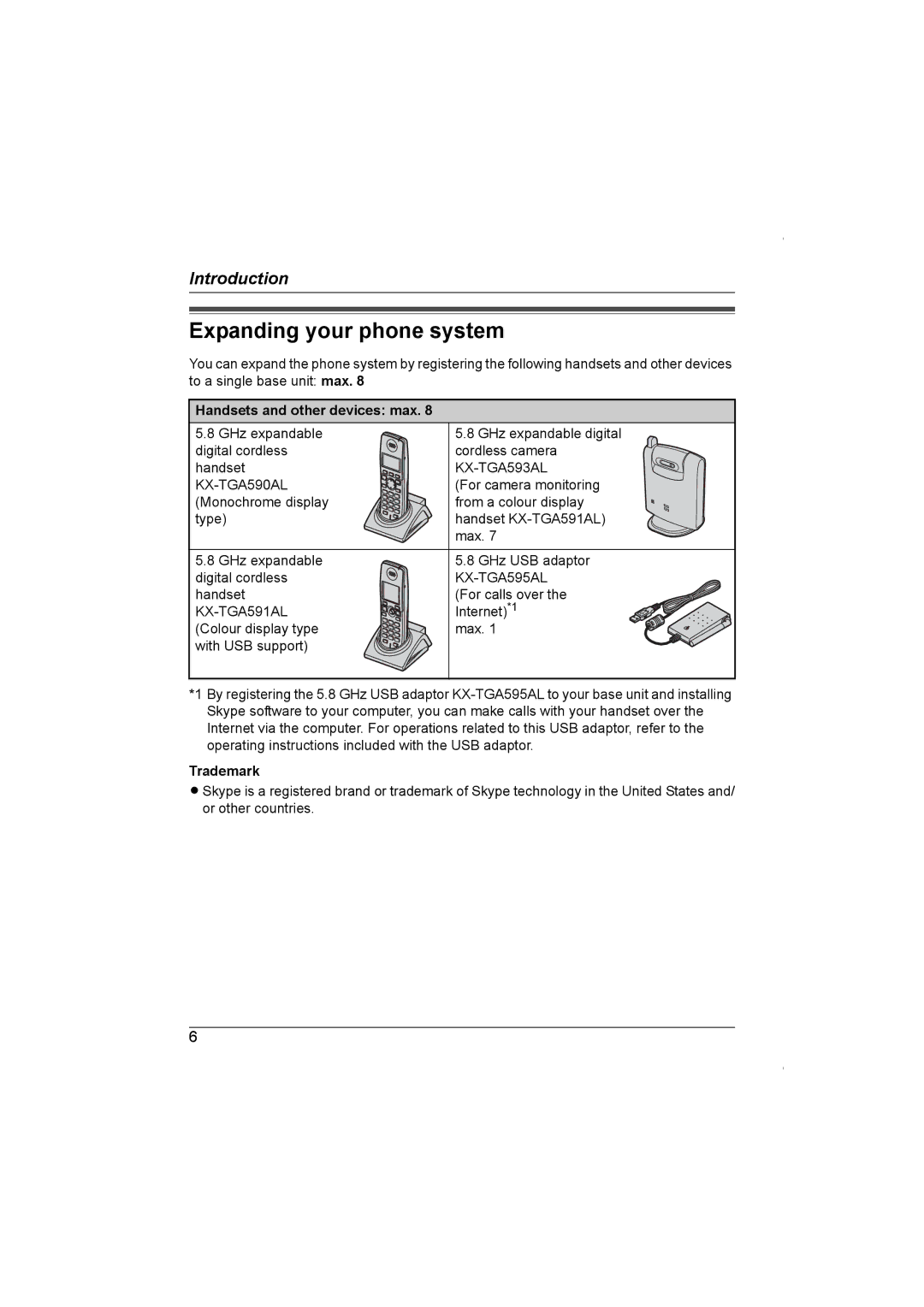 Panasonic KX-TG5961AL operating instructions Expanding your phone system, Handsets and other devices max, Trademark 