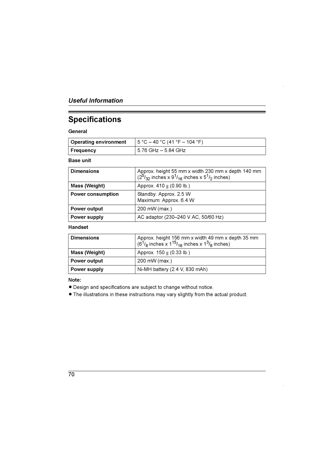 Panasonic KX-TG5961AL operating instructions Specifications 