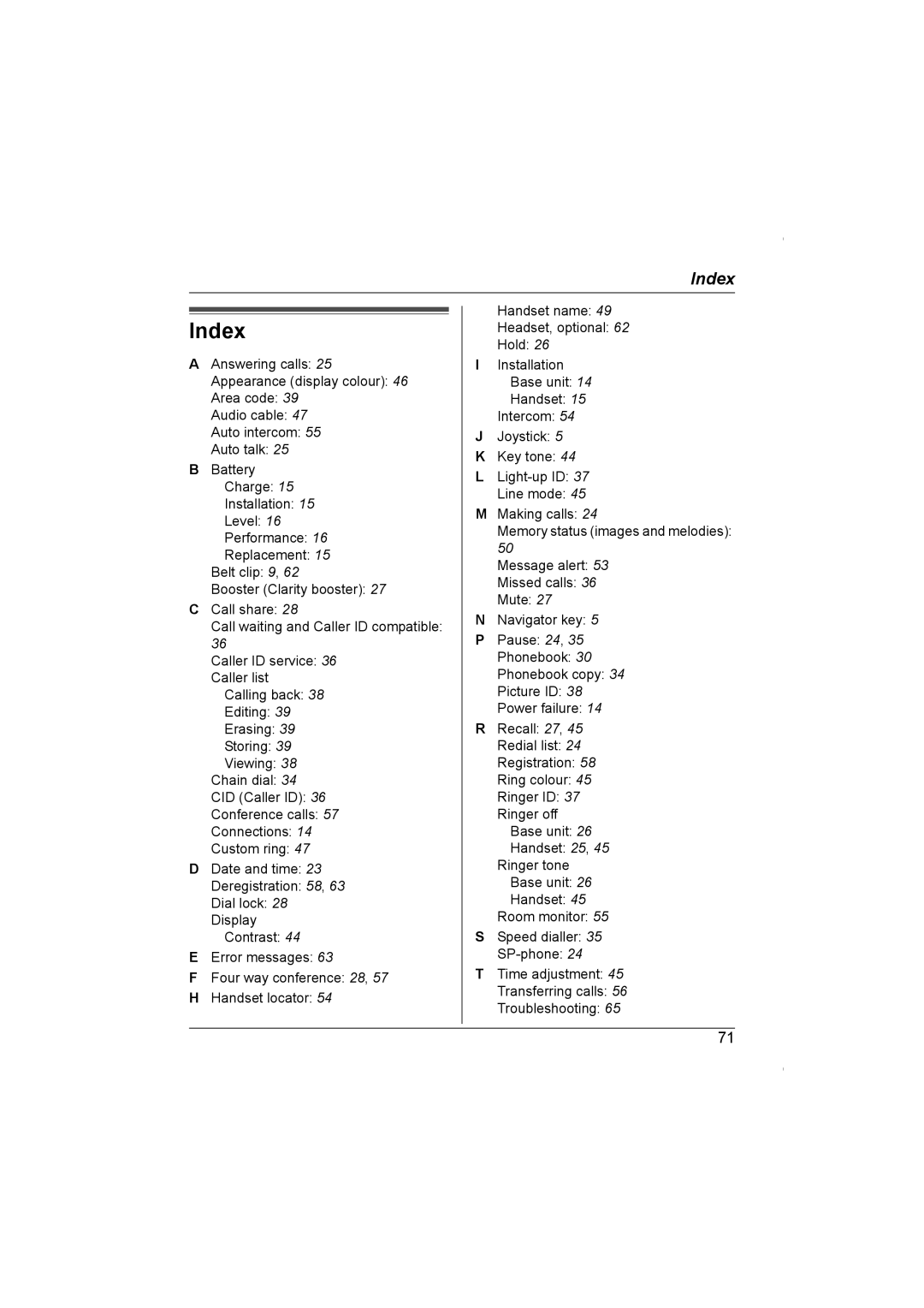 Panasonic KX-TG5961AL operating instructions Index 