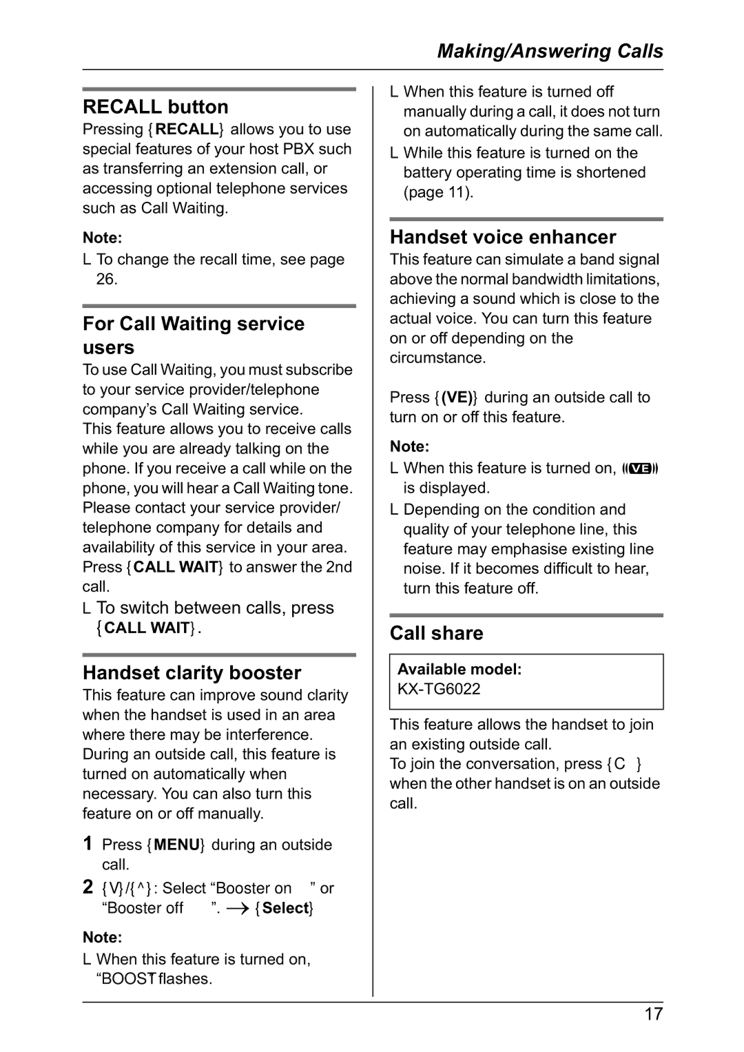 Panasonic KX-TG6021NZ Recall button, For Call Waiting service users, Handset clarity booster, Handset voice enhancer 