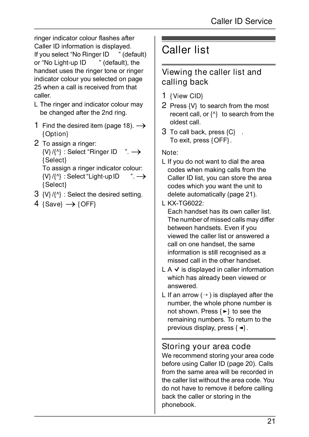 Panasonic KX-TG6021NZ, KX-TG6022NZ Caller list, Viewing the caller list and calling back, Storing your area code 