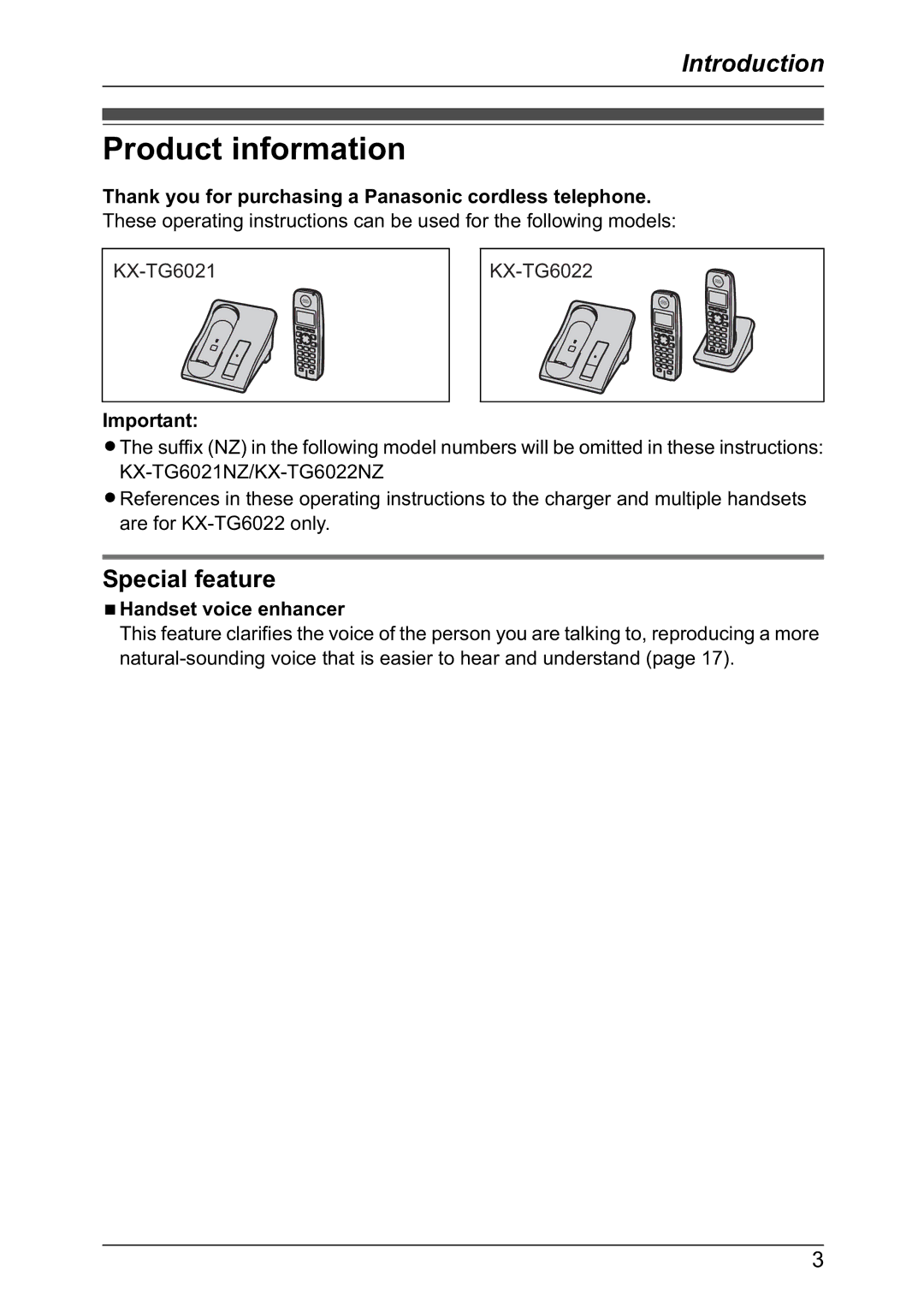 Panasonic KX-TG6021NZ Product information, Special feature, Thank you for purchasing a Panasonic cordless telephone 