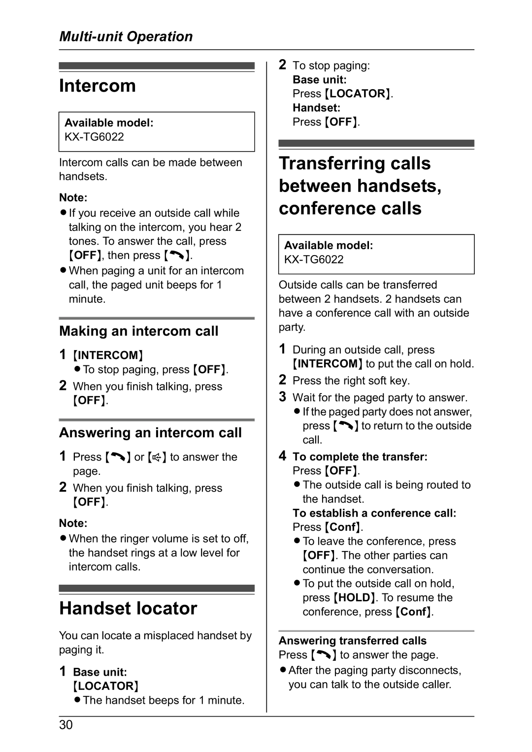 Panasonic KX-TG6022NZ, KX-TG6021NZ Intercom, Handset locator, Transferring calls between handsets, conference calls 