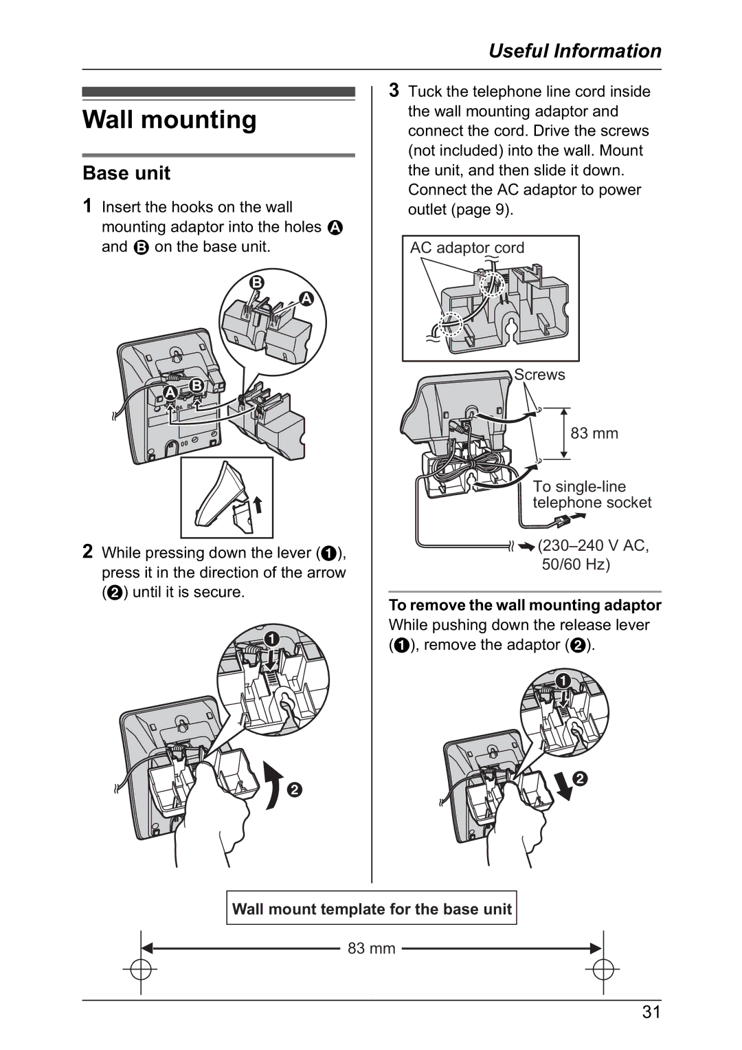 Panasonic KX-TG6021NZ, KX-TG6022NZ operating instructions Wall mounting, To remove the wall mounting adaptor 