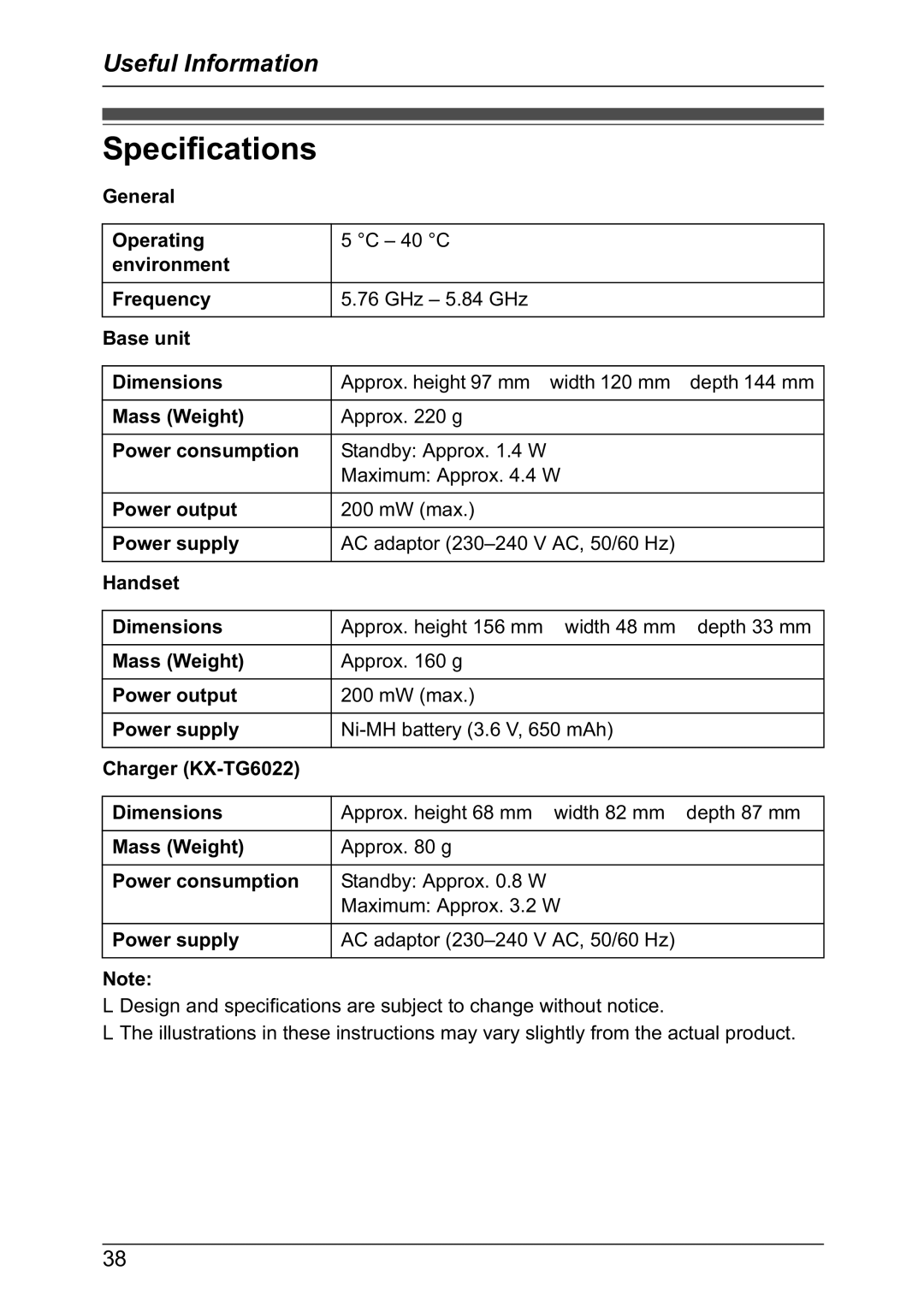 Panasonic KX-TG6022NZ, KX-TG6021NZ operating instructions Specifications 