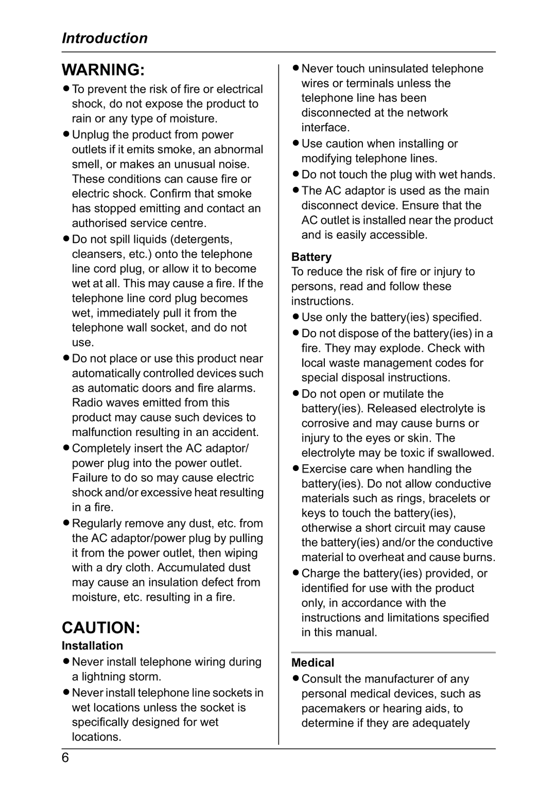 Panasonic KX-TG6022NZ, KX-TG6021NZ operating instructions Installation, Battery, Medical 