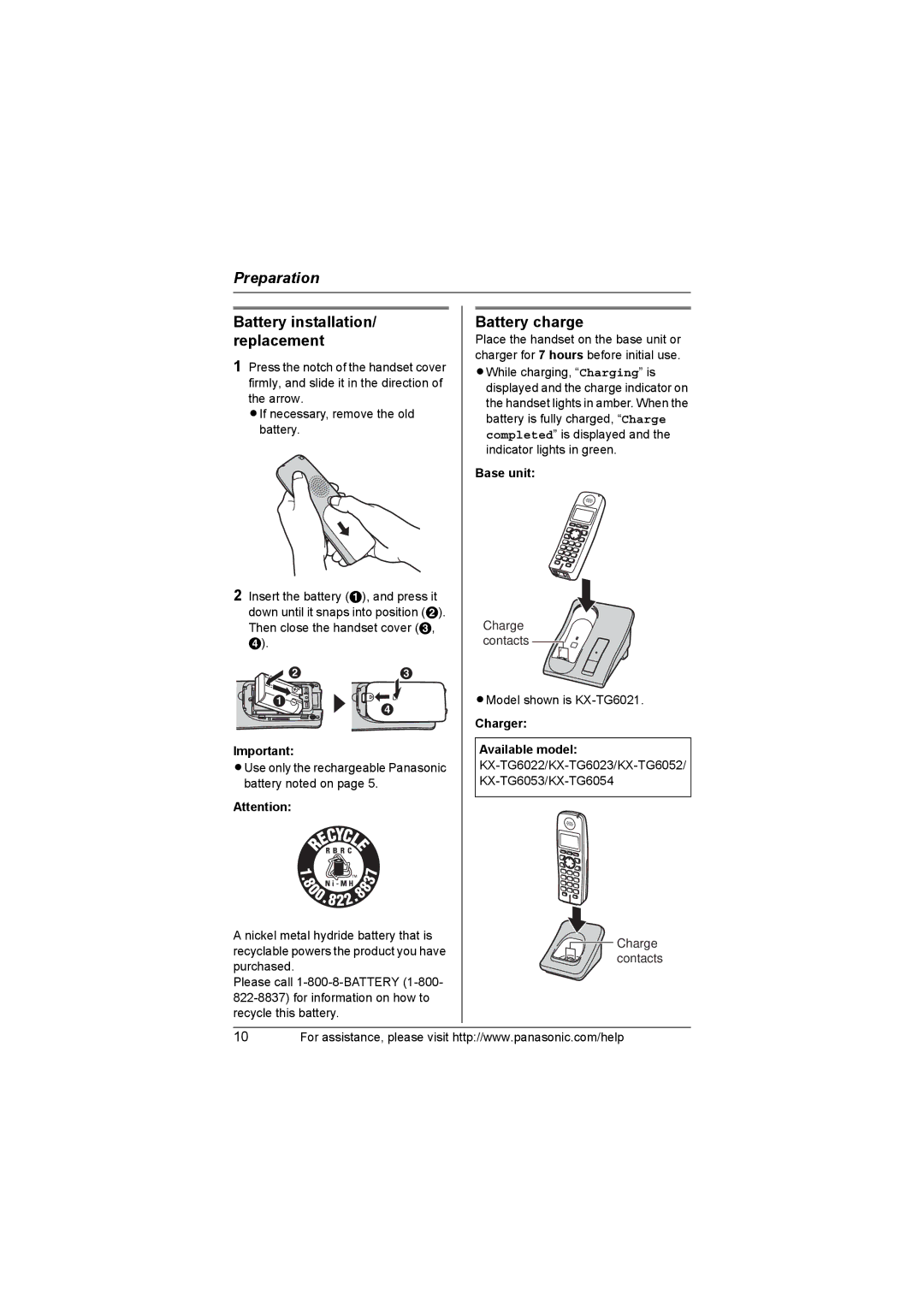 Panasonic KX-TG6051, KX-TG6023, KX-TG6052, KX-TG6022, KX-TG6021 Battery installation/ replacement, Battery charge, Base unit 