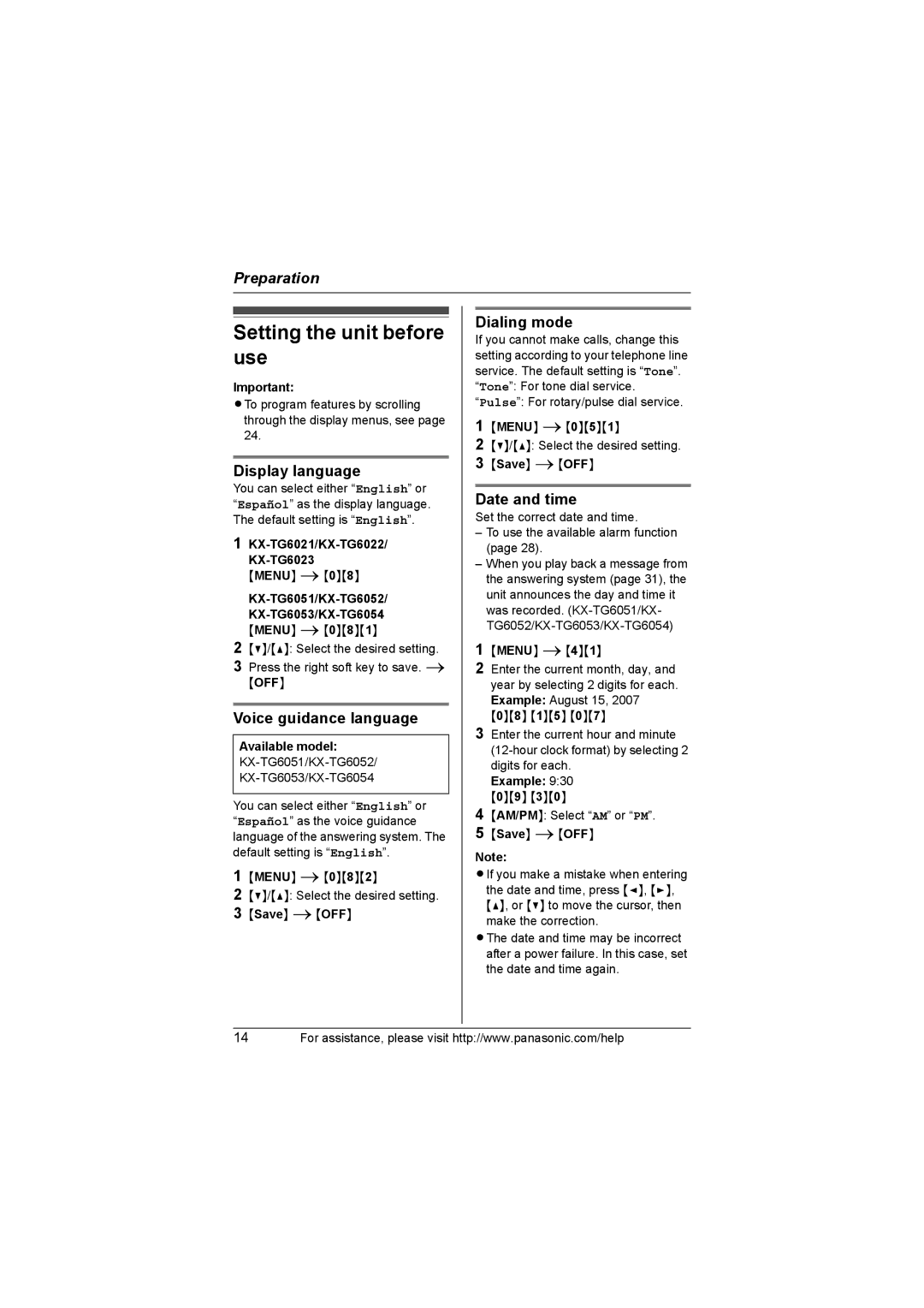 Panasonic KX-TG6021 Setting the unit before use, Display language, Voice guidance language, Dialing mode, Date and time 