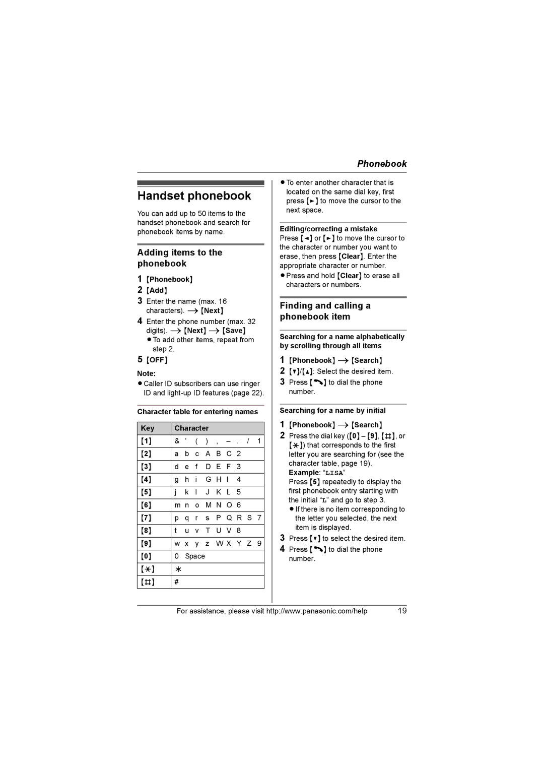 Panasonic KX-TG6021, KX-TG6051 Handset phonebook, Adding items to the phonebook, Finding and calling a phonebook item 