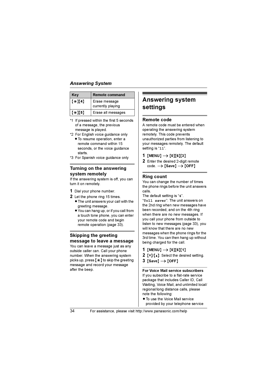 Panasonic KX-TG6021 Answering system settings, Turning on the answering system remotely, Remote code, Ring count 