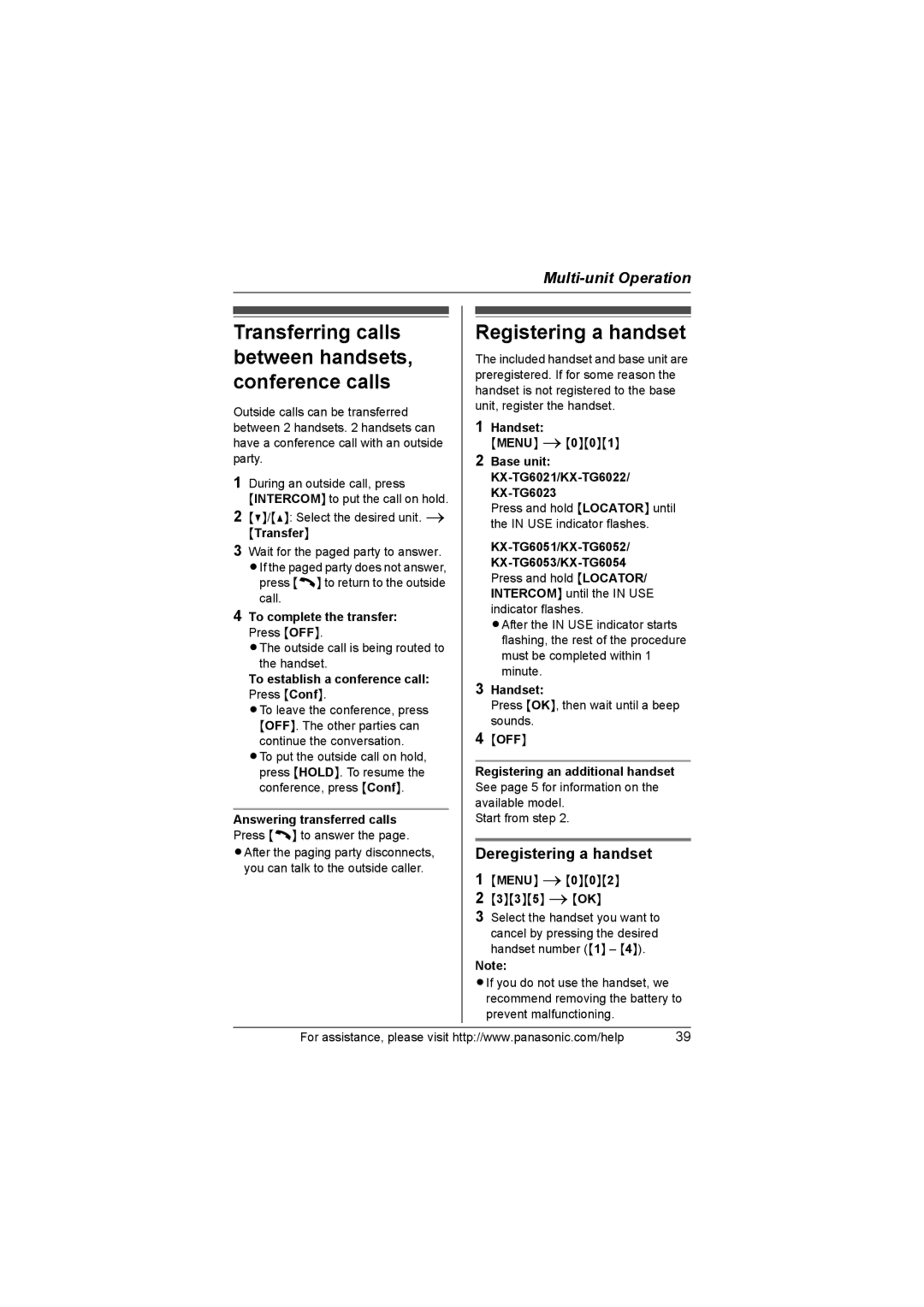 Panasonic KX-TG6021 Transferring calls between handsets, conference calls, Registering a handset, Deregistering a handset 