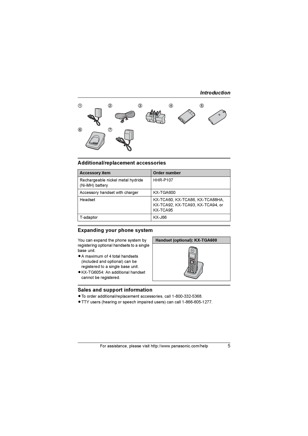 Panasonic KX-TG6051 Additional/replacement accessories, Expanding your phone system, Sales and support information 