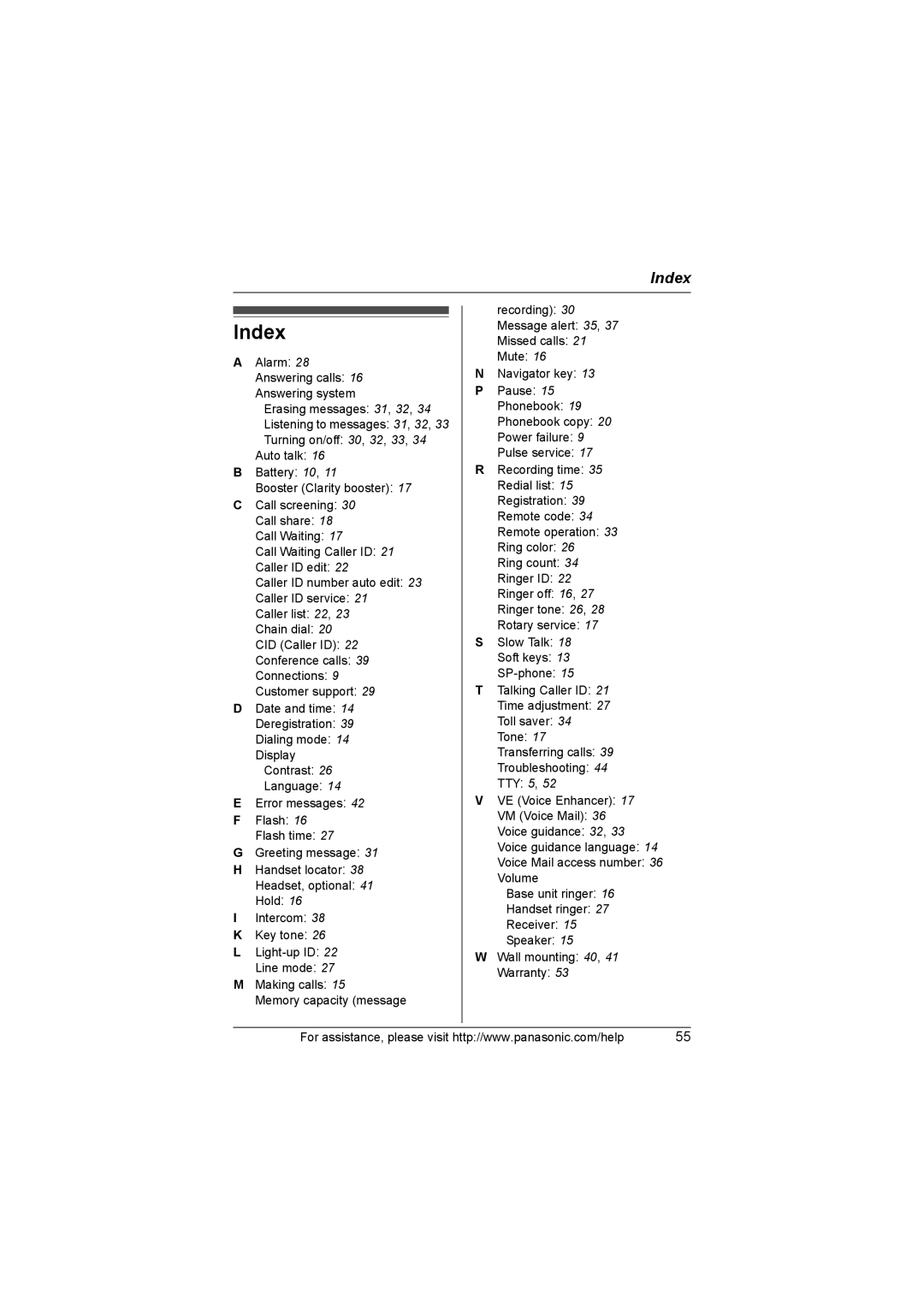 Panasonic KX-TG6051, KX-TG6023, KX-TG6052, KX-TG6022, KX-TG6021 operating instructions Index 