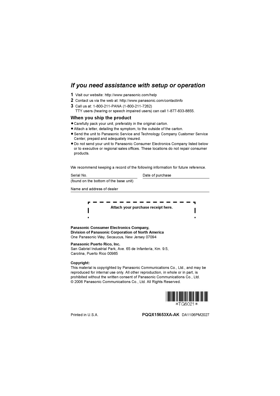 Panasonic KX-TG6023, KX-TG6051, KX-TG6052, KX-TG6022 When you ship the product, Panasonic Puerto Rico, Inc, Copyright 