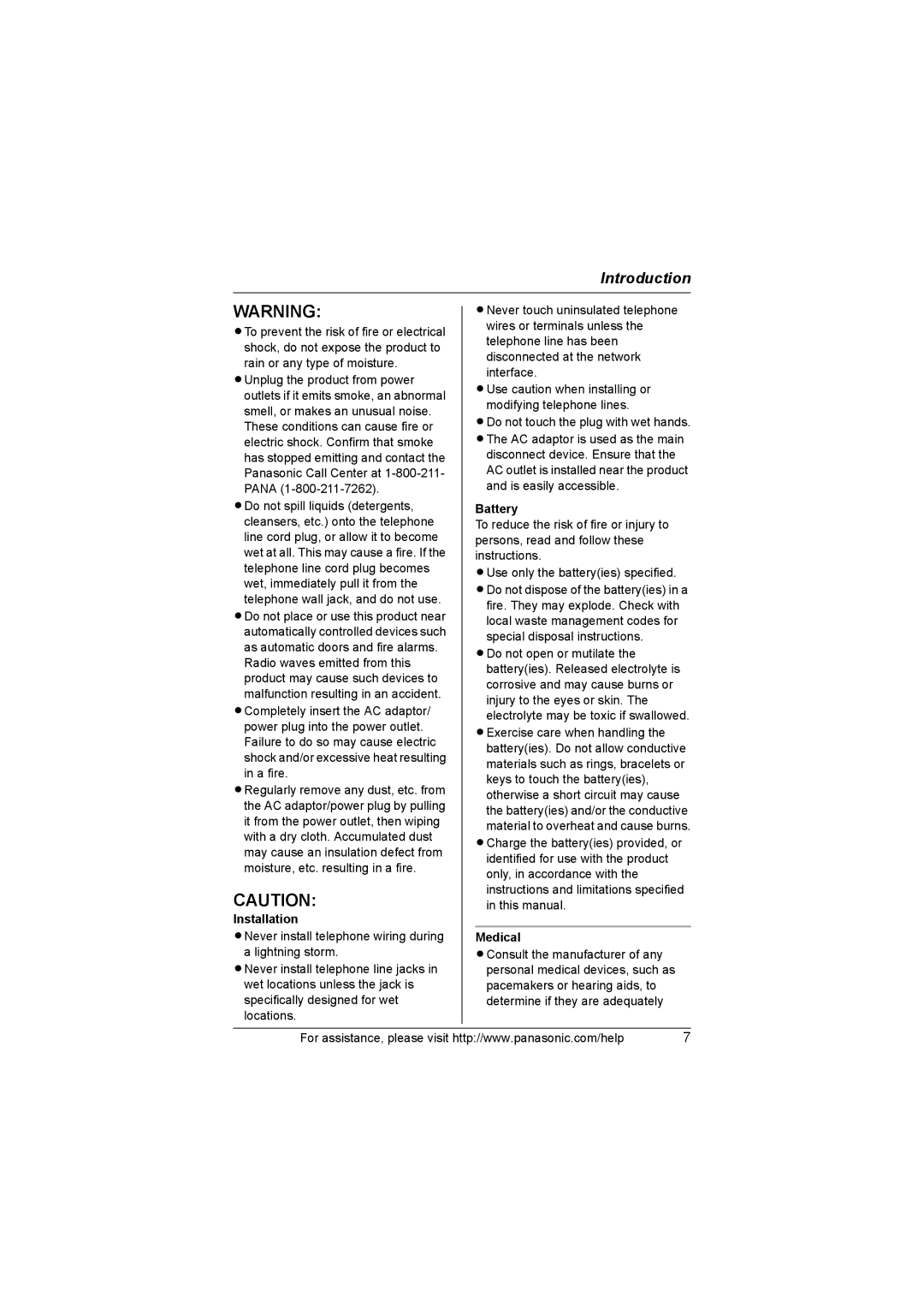 Panasonic KX-TG6052, KX-TG6051, KX-TG6023, KX-TG6022, KX-TG6021 operating instructions Installation, Battery, Medical 