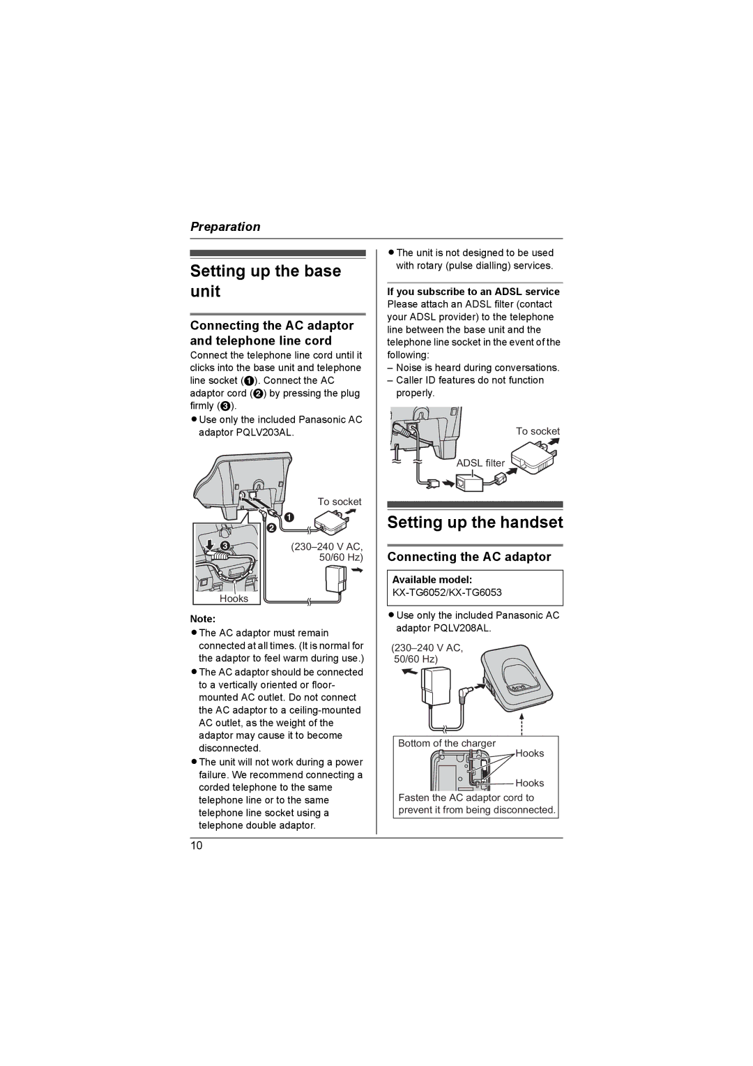 Panasonic KX-TG6051AL Setting up the base unit, Setting up the handset, Connecting the AC adaptor and telephone line cord 