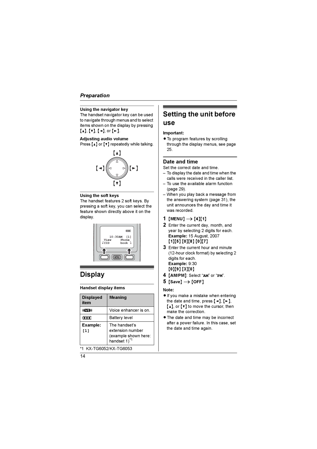 Panasonic KX-TG6052AL, KX-TG6053AL, KX-TG6051AL operating instructions Display, Setting the unit before use, Date and time 