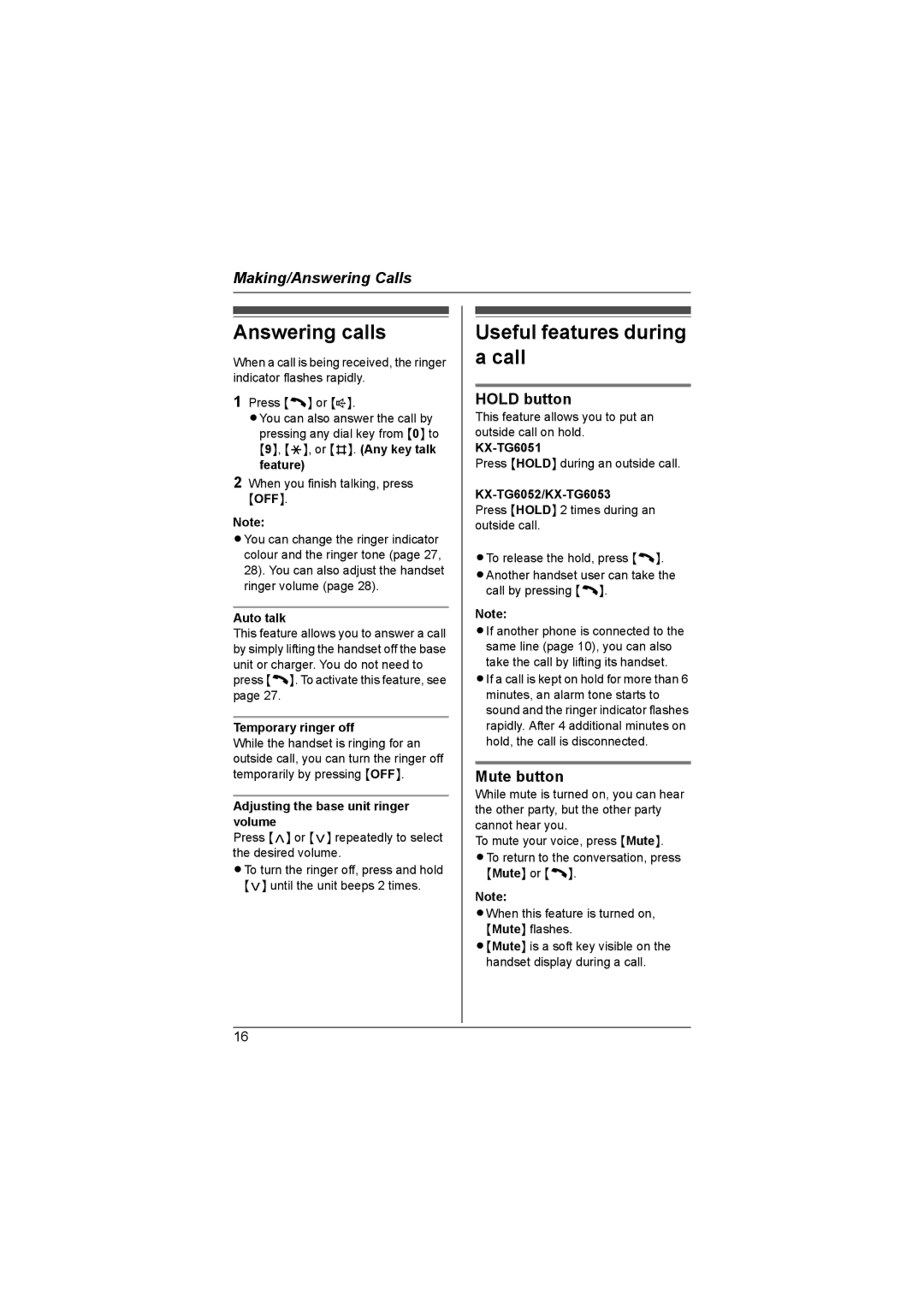 Panasonic KX-TG6051AL, KX-TG6053AL, KX-TG6052AL Answering calls, Useful features during a call, Hold button, Mute button 