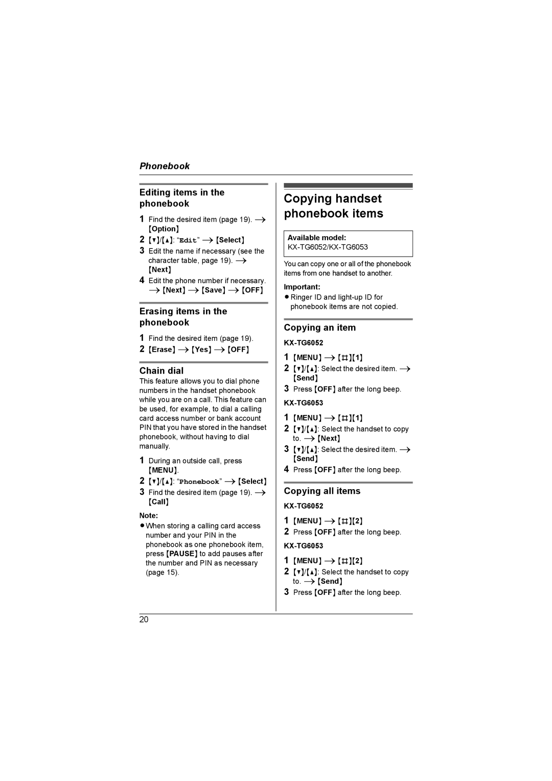 Panasonic KX-TG6052AL, KX-TG6053AL, KX-TG6051AL operating instructions Copying handset phonebook items 