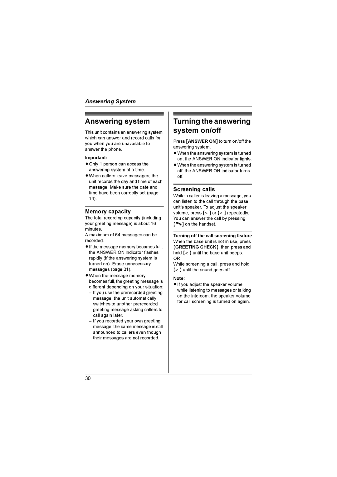 Panasonic KX-TG6053AL, KX-TG6051AL Answering system, Turning the answering system on/off, Memory capacity, Screening calls 