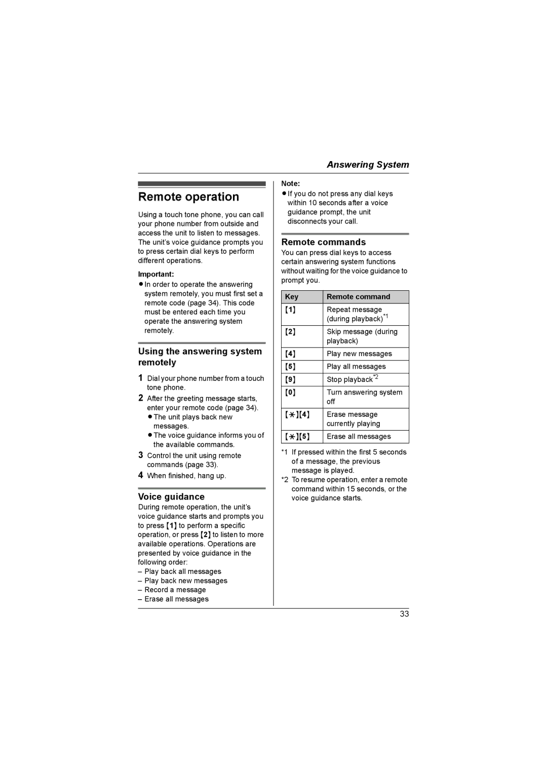 Panasonic KX-TG6053AL, KX-TG6051AL Remote operation, Using the answering system remotely, Voice guidance, Remote commands 