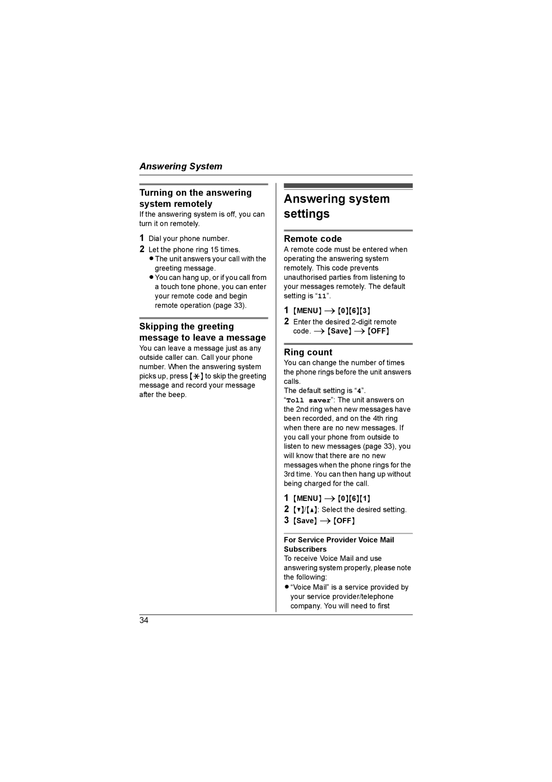 Panasonic KX-TG6051AL Answering system settings, Turning on the answering system remotely, Remote code, Ring count 