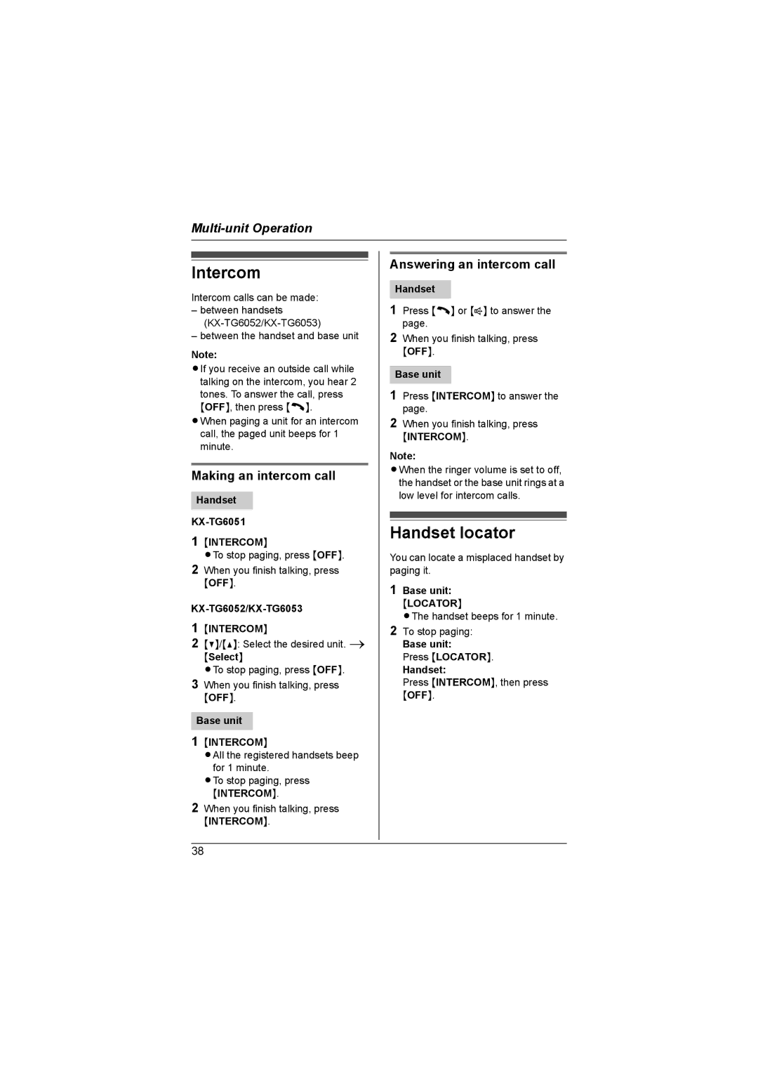 Panasonic KX-TG6052AL, KX-TG6053AL Intercom, Handset locator, Making an intercom call, Answering an intercom call 