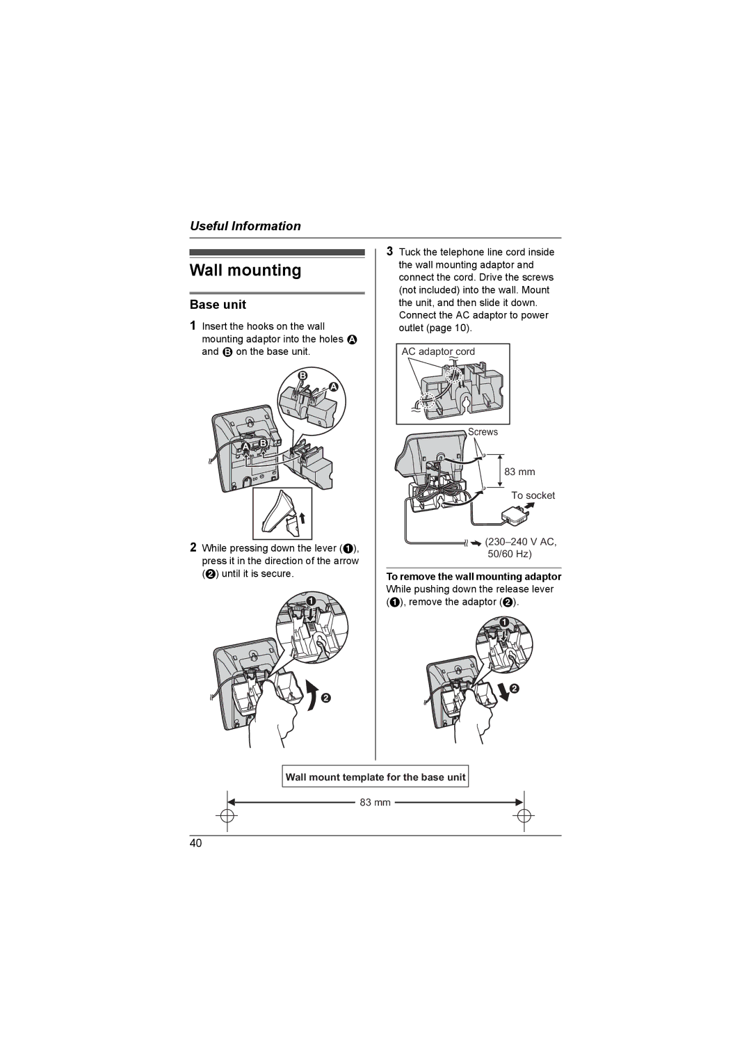 Panasonic KX-TG6051AL, KX-TG6053AL, KX-TG6052AL operating instructions Wall mounting, Wall mount template for the base unit 