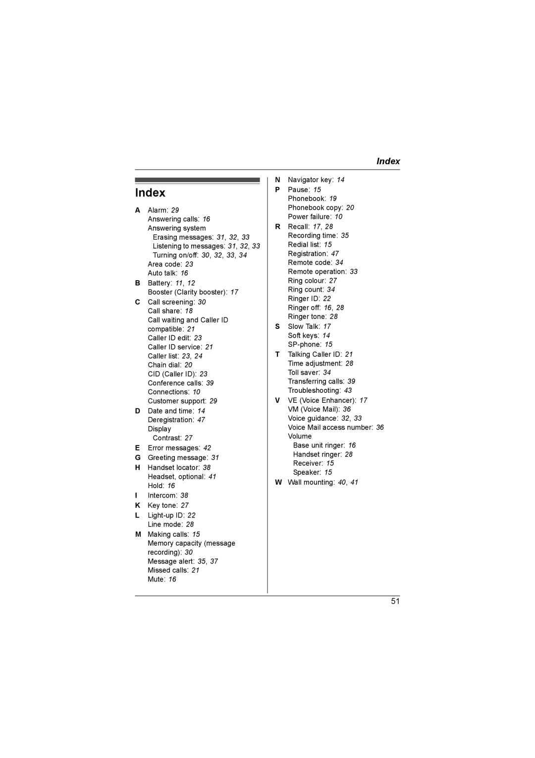 Panasonic KX-TG6053AL, KX-TG6051AL, KX-TG6052AL operating instructions Index 