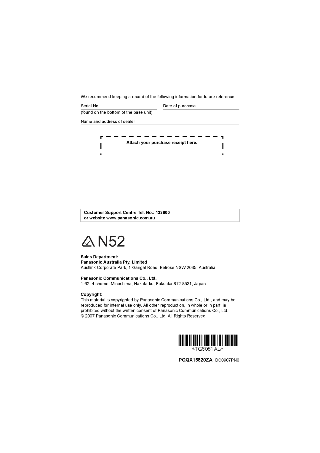 Panasonic KX-TG6051AL Attach your purchase receipt here, Sales Department Panasonic Australia Pty. Limited, Copyright 