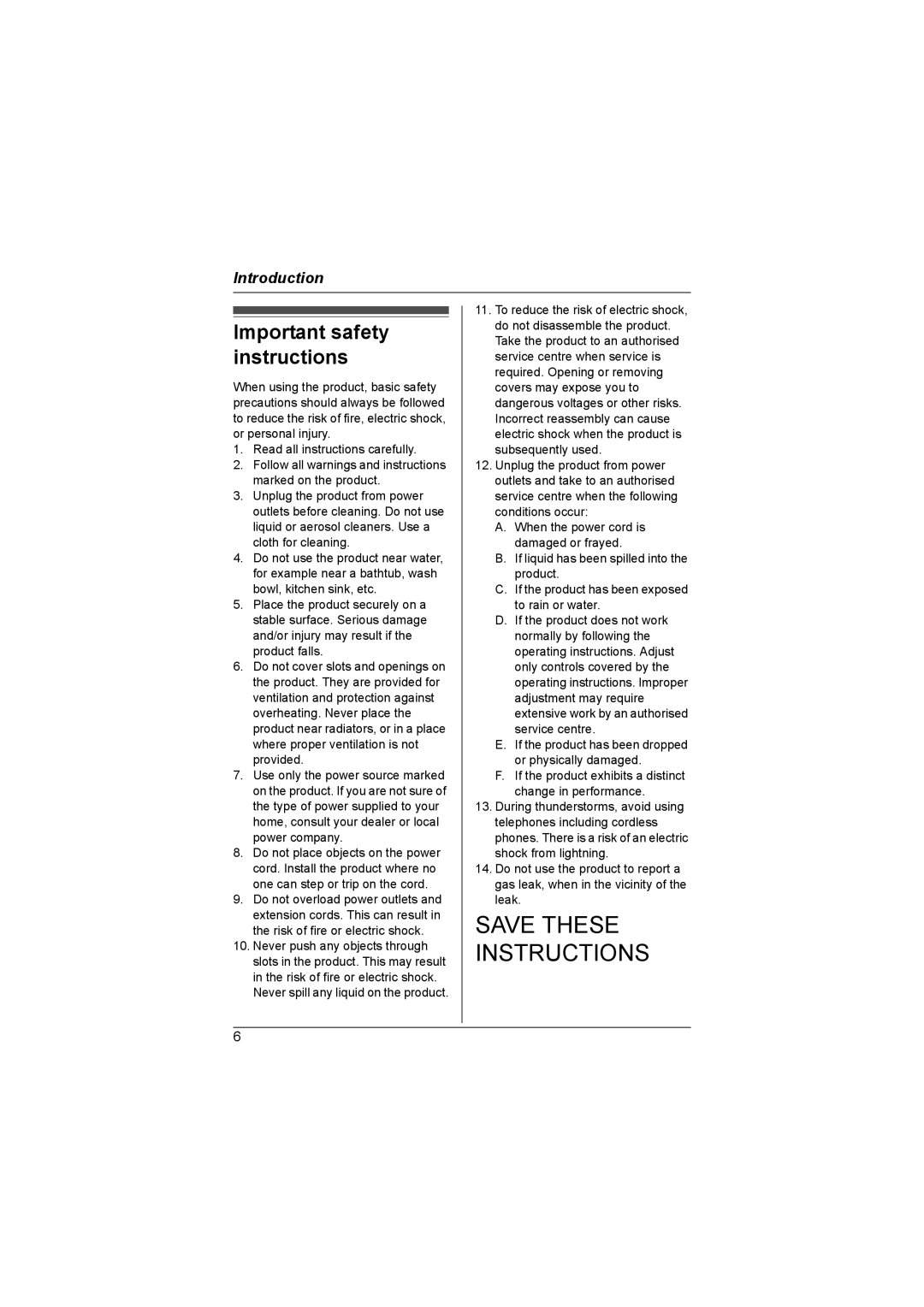 Panasonic KX-TG6053AL, KX-TG6051AL, KX-TG6052AL operating instructions Important safety instructions 