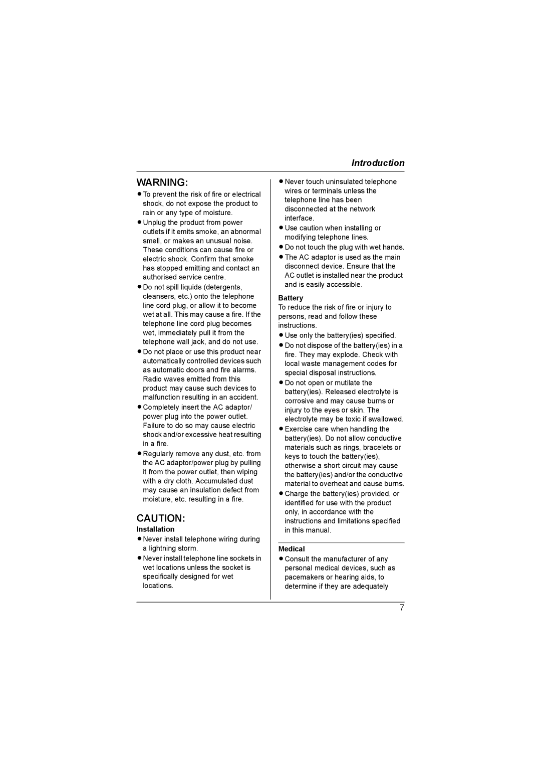 Panasonic KX-TG6051AL, KX-TG6053AL, KX-TG6052AL operating instructions Installation, Battery, Medical 