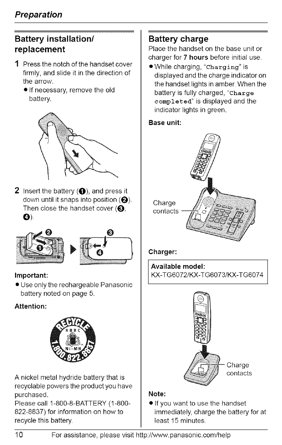 Panasonic KX-TG6072, KX-TG6073 Battery installation/ replacement, Battery charge, Base unit, Charger Available model 