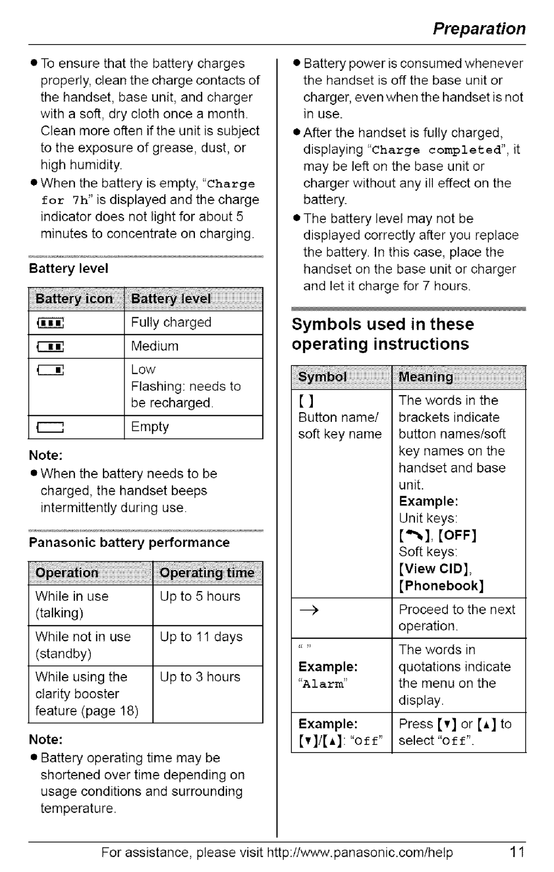 Panasonic KX-TG6071 Symbols used in these operating instructions, Battery level, Panasonic battery performance, Example 