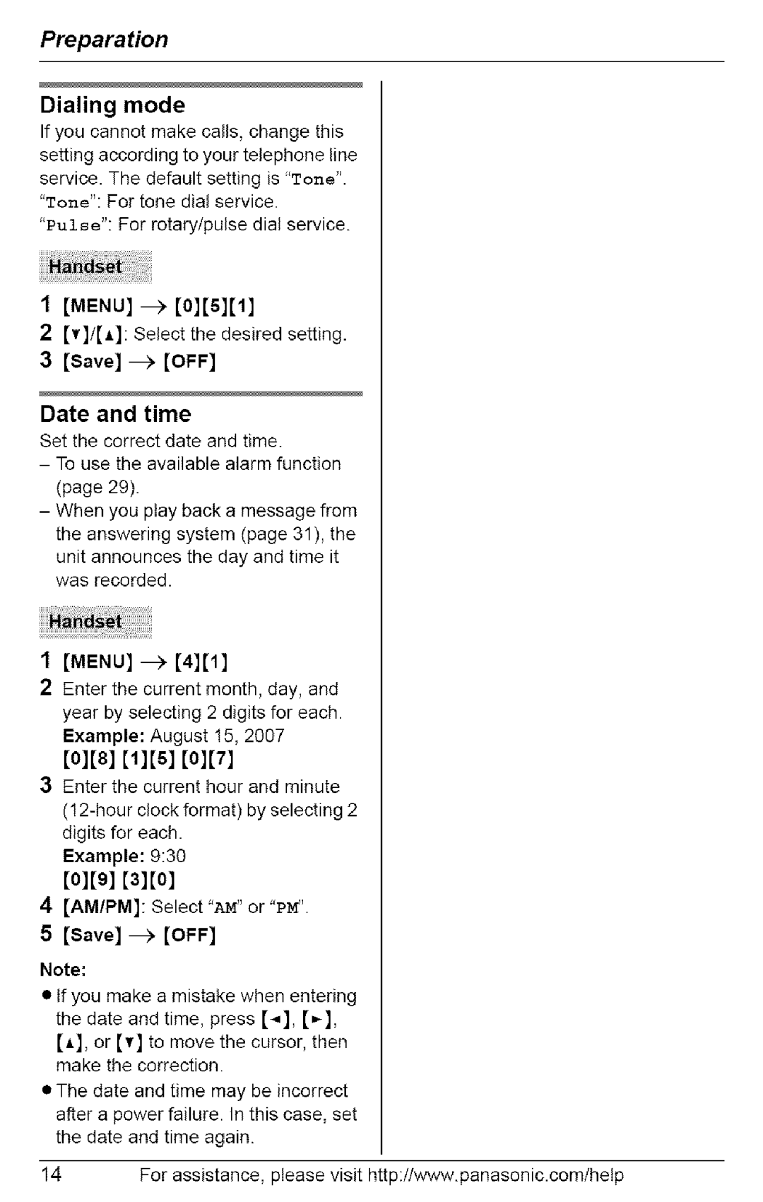 Panasonic KX-TG6072, KX-TG6073, KX-TG6074, KX-TG6071 Dialing mode, Date and time, Save OFF, 08 15, Example 930 09 