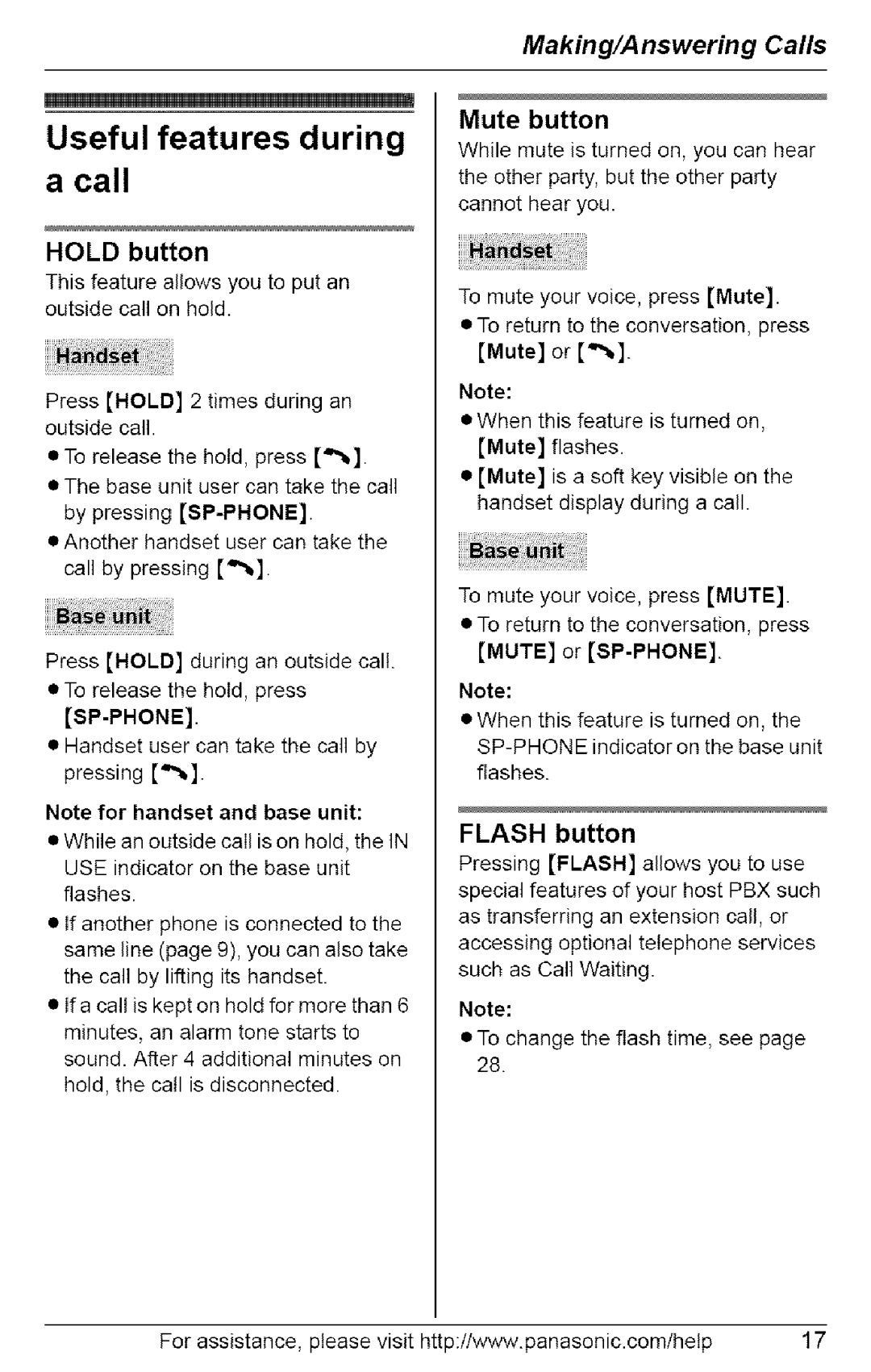 Panasonic KX-TG6074, KX-TG6073, KX-TG6072, KX-TG6071 Useful features during a call, Hold button, Flash button 