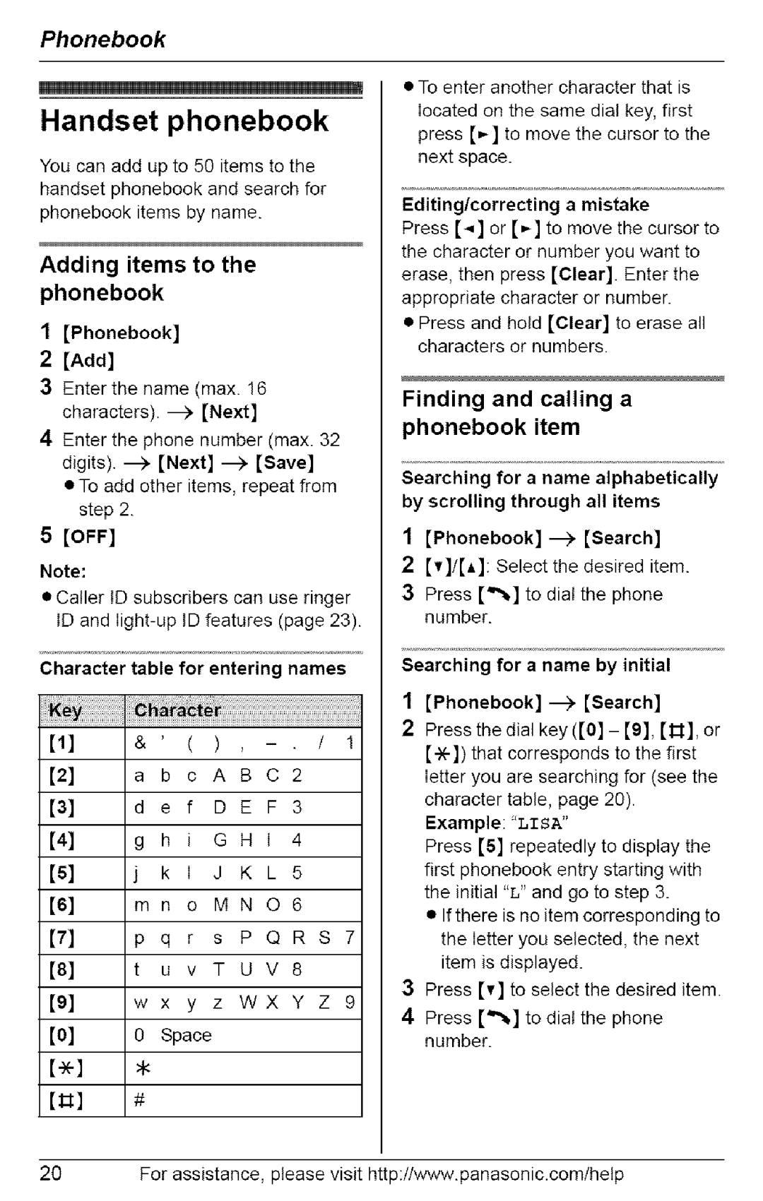 Panasonic KX-TG6073, KX-TG6074 Handset phonebook, Adding items to the phonebook, Finding and calling a phonebook item 