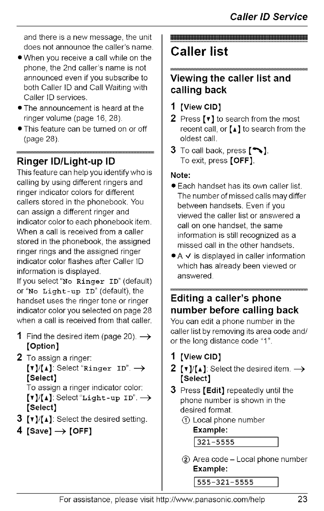 Panasonic KX-TG6071, KX-TG6073 Caller list, Ringer ID/Light-up ID, Viewing the caller list and calling back View CID 