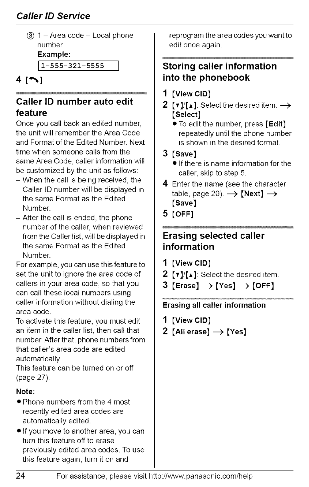 Panasonic KX-TG6073, KX-TG6074 Caller ID number auto edit Feature, Storing caller information into the phonebook, Save 