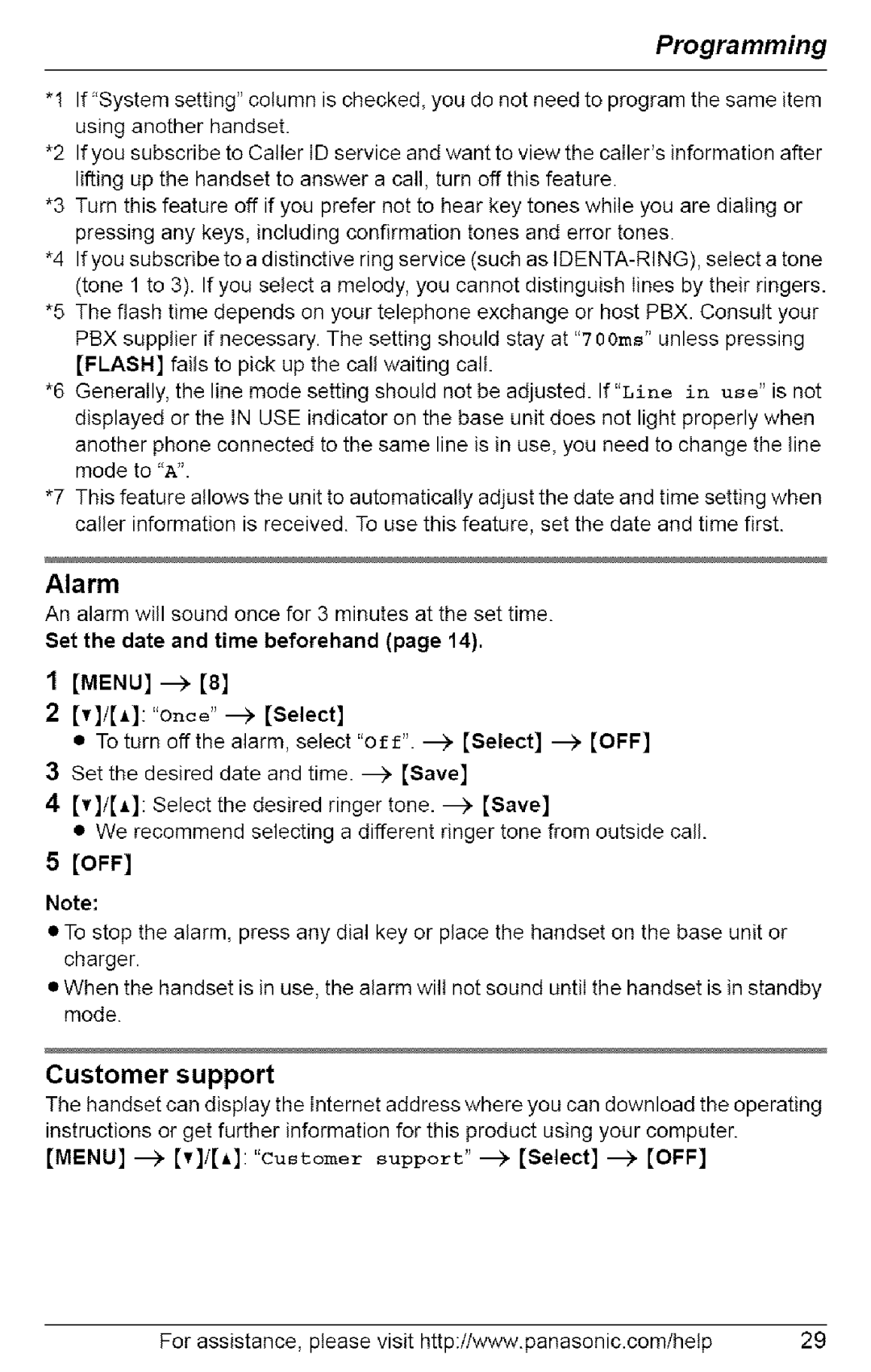 Panasonic KX-TG6074, KX-TG6073 Alarm, IA Onoe--Select, Customer support, OFF Note, Menu v/A customer support--Select OFF 