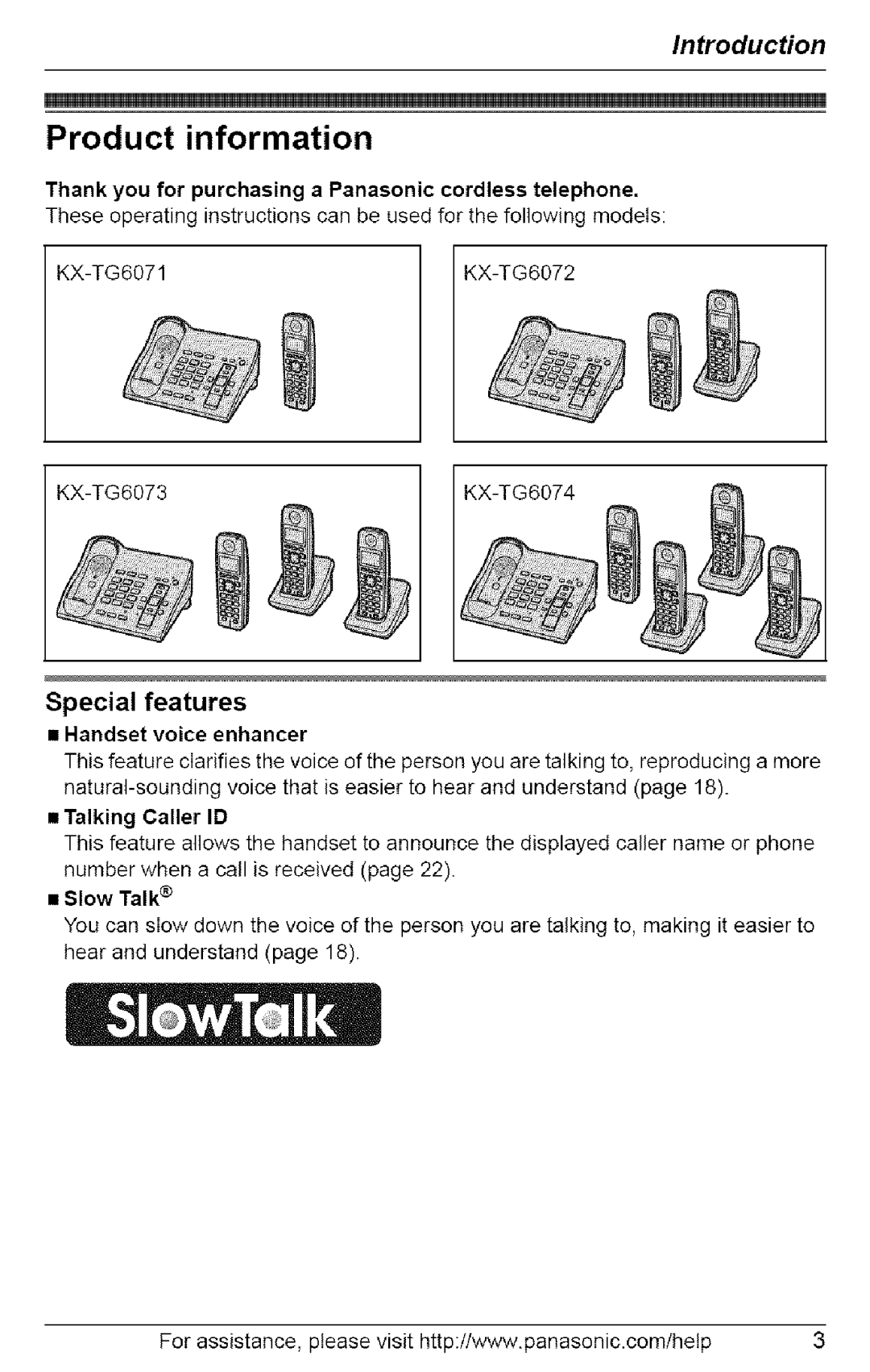 Panasonic KX-TG6071 Special features, Thank you for purchasing a Panasonic cordless telephone, Handset voice enhancer 