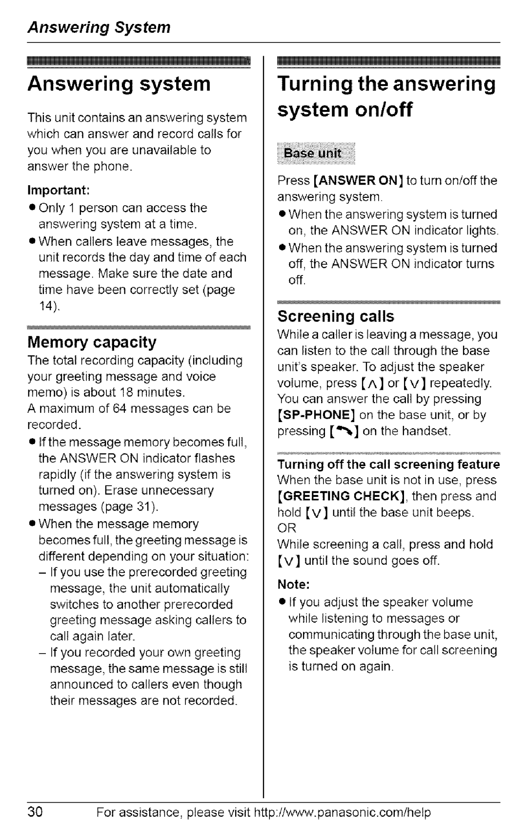 Panasonic KX-TG6072, KX-TG6073 Answering system, Turning the answering System on/off, Memory capacity, Screening calls 