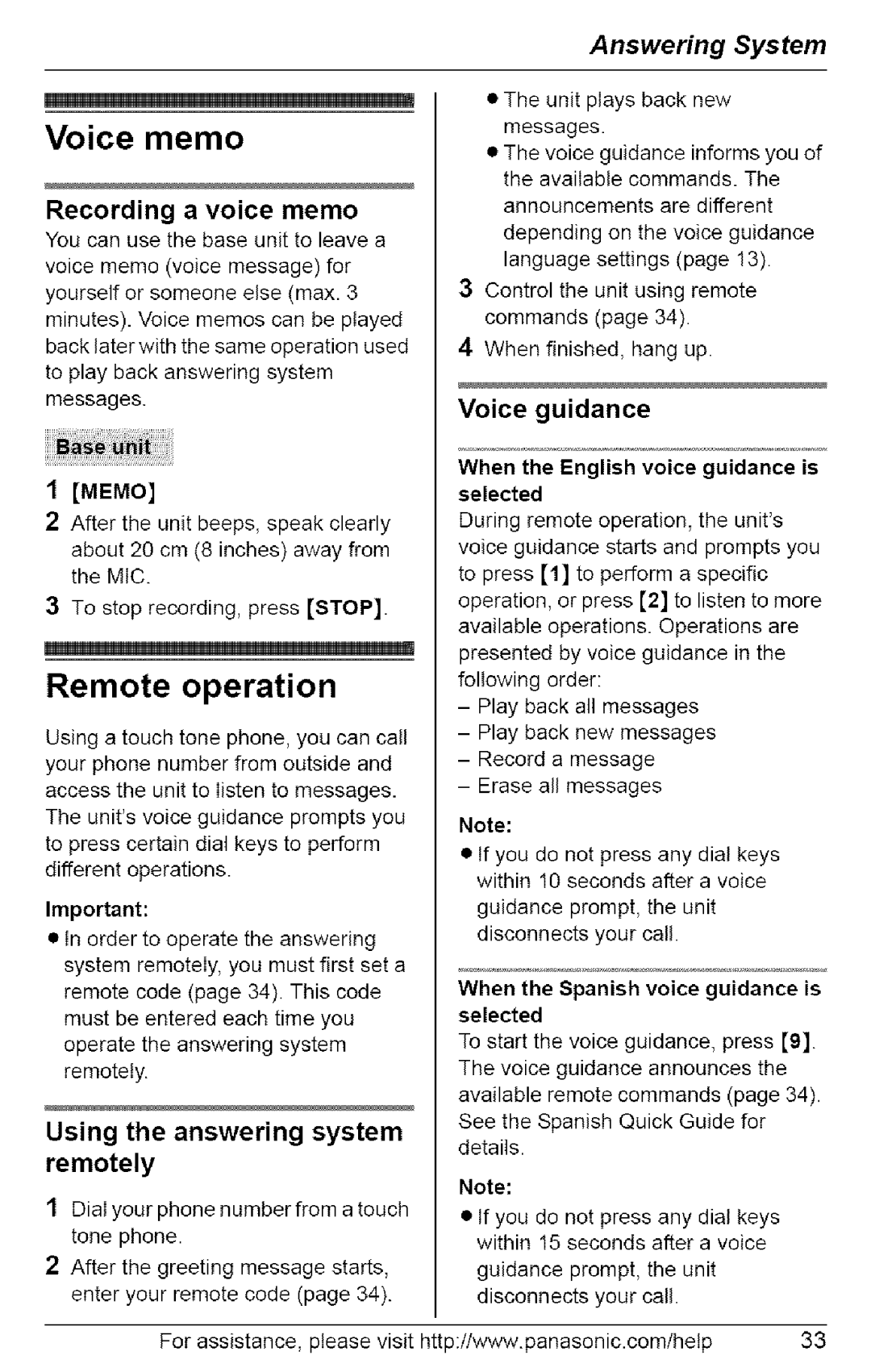 Panasonic KX-TG6074, KX-TG6073, KX-TG6072, KX-TG6071 operating instructions Voice memo, Remote operation 