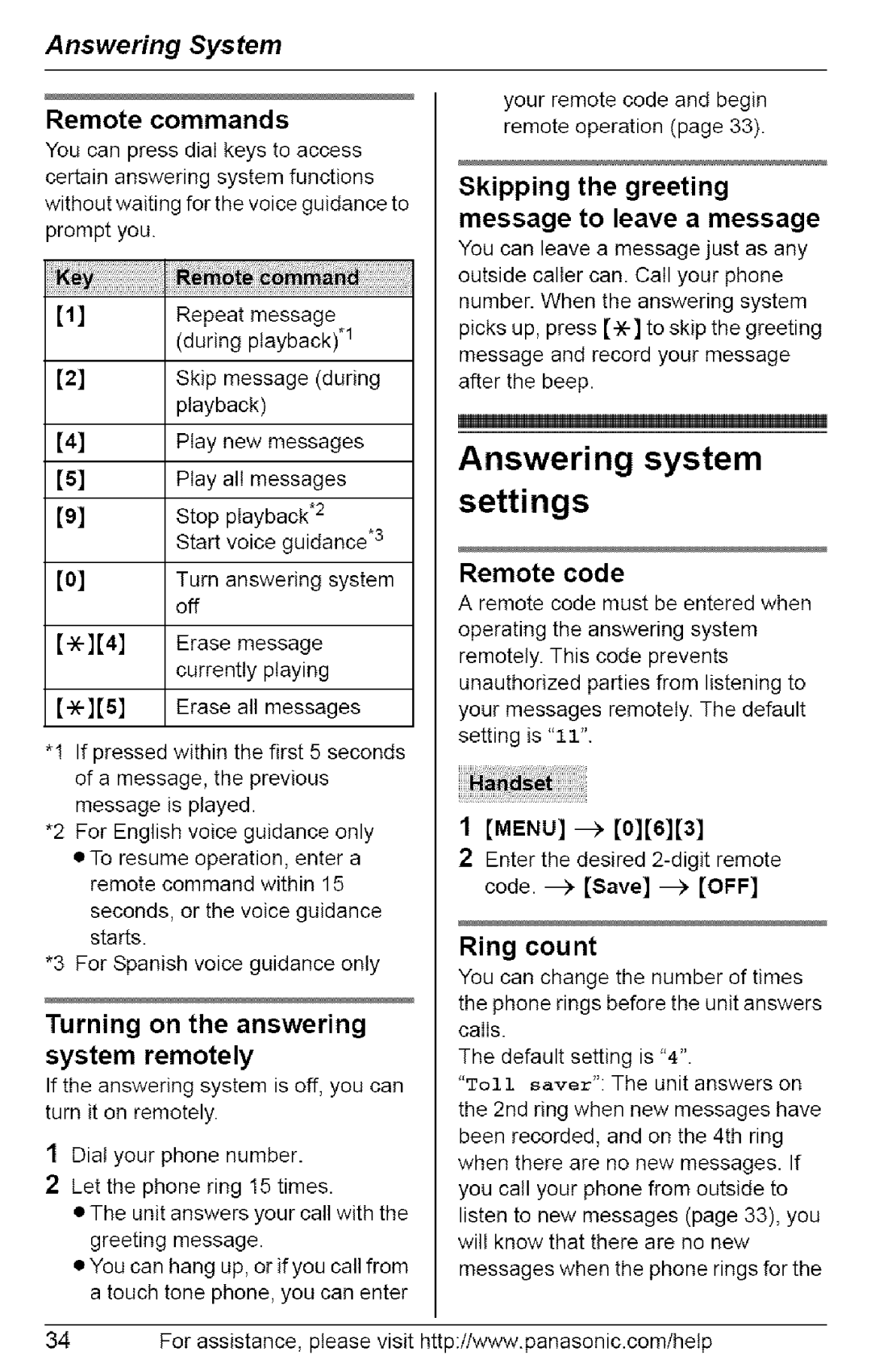 Panasonic KX-TG6072 Answering system Settings, Remote commands, Turning on the answering system remotely, Ring count 