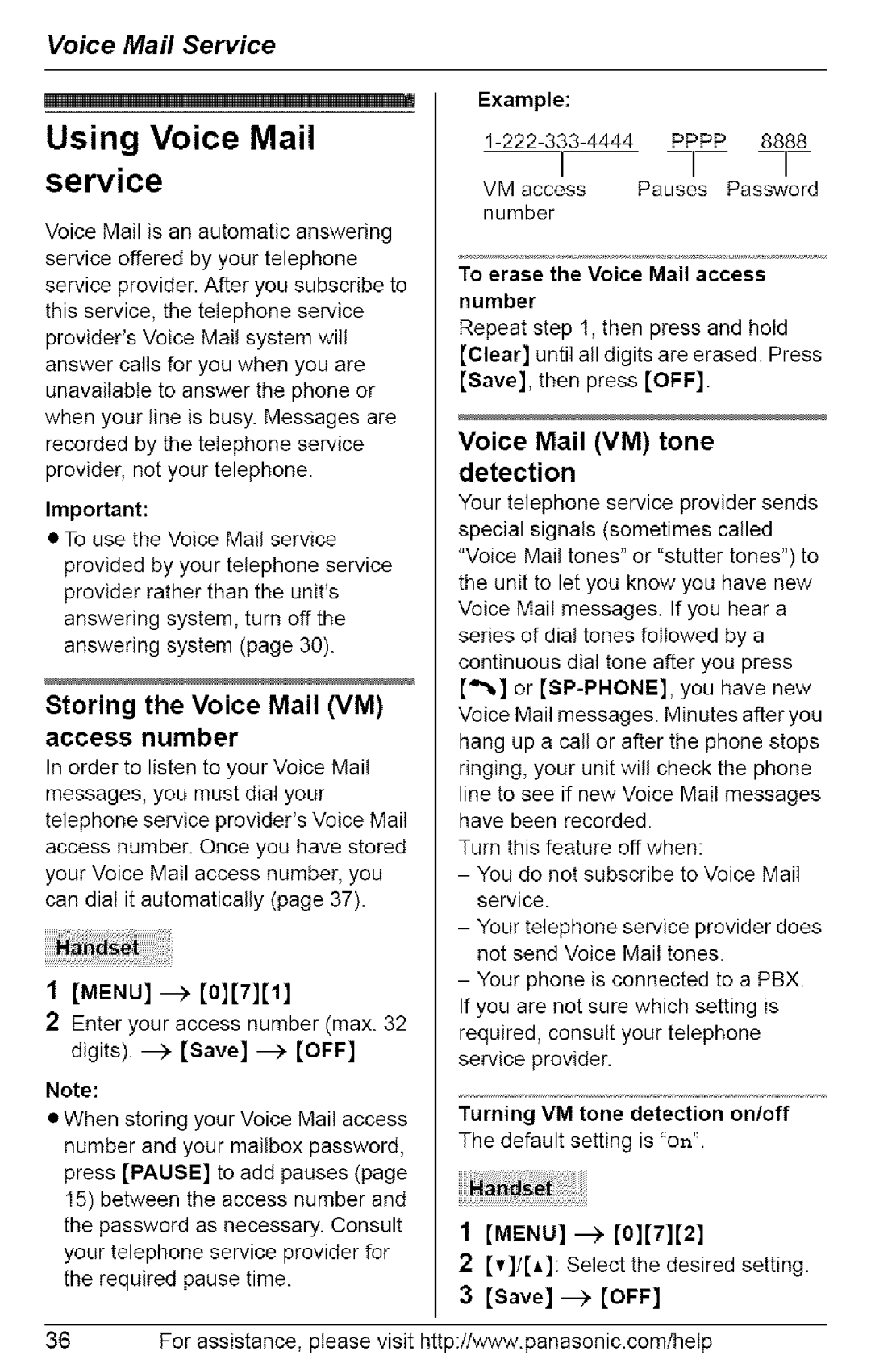 Panasonic KX-TG6073 Using Voice Mail service, Storing the Voice Mail VM access number, Voice Mail VM tone detection 