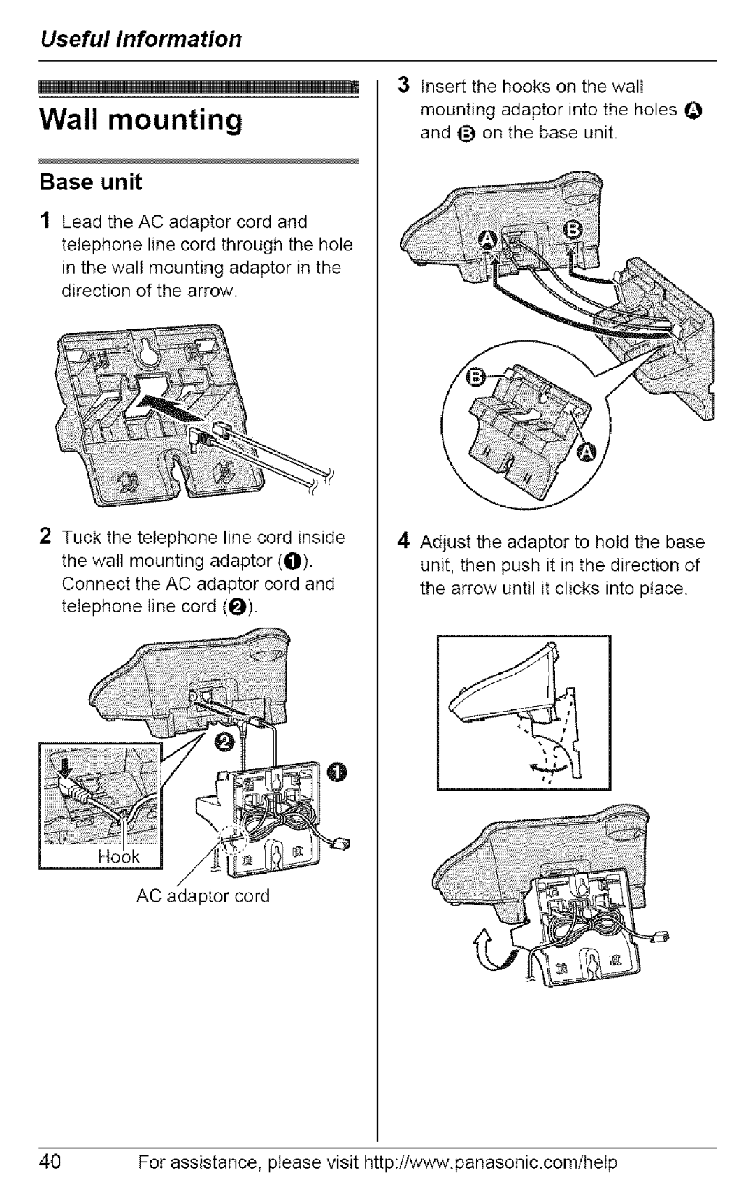 Panasonic KX-TG6073, KX-TG6074, KX-TG6072, KX-TG6071 operating instructions Wall mounting, Base unit 